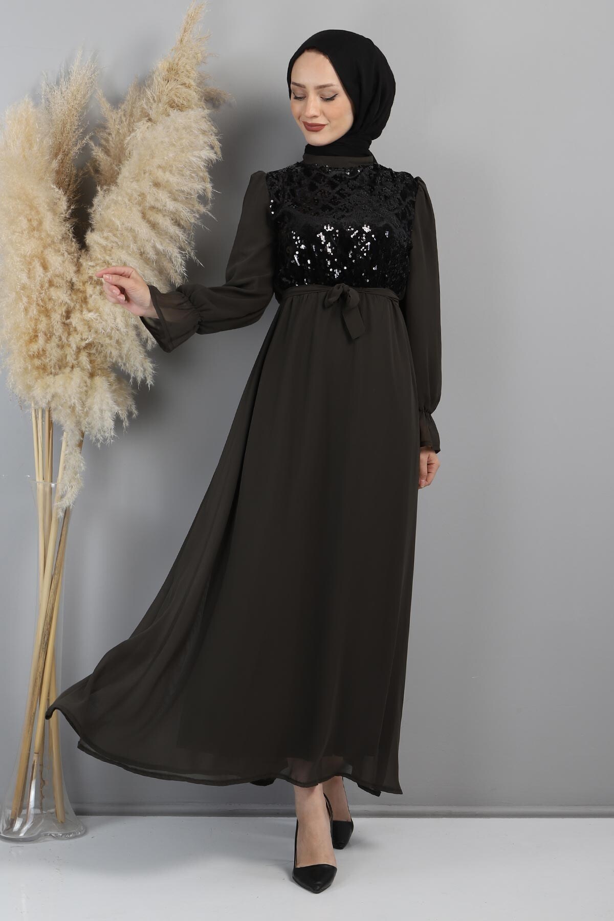 Modamihram-Flitteres sifon estélyi ruha Khaki 15600 3