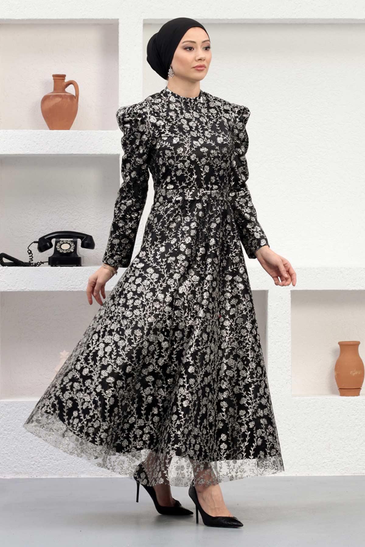 Modamihram-Stoned Tulle Evening Dress Black 12241 4
