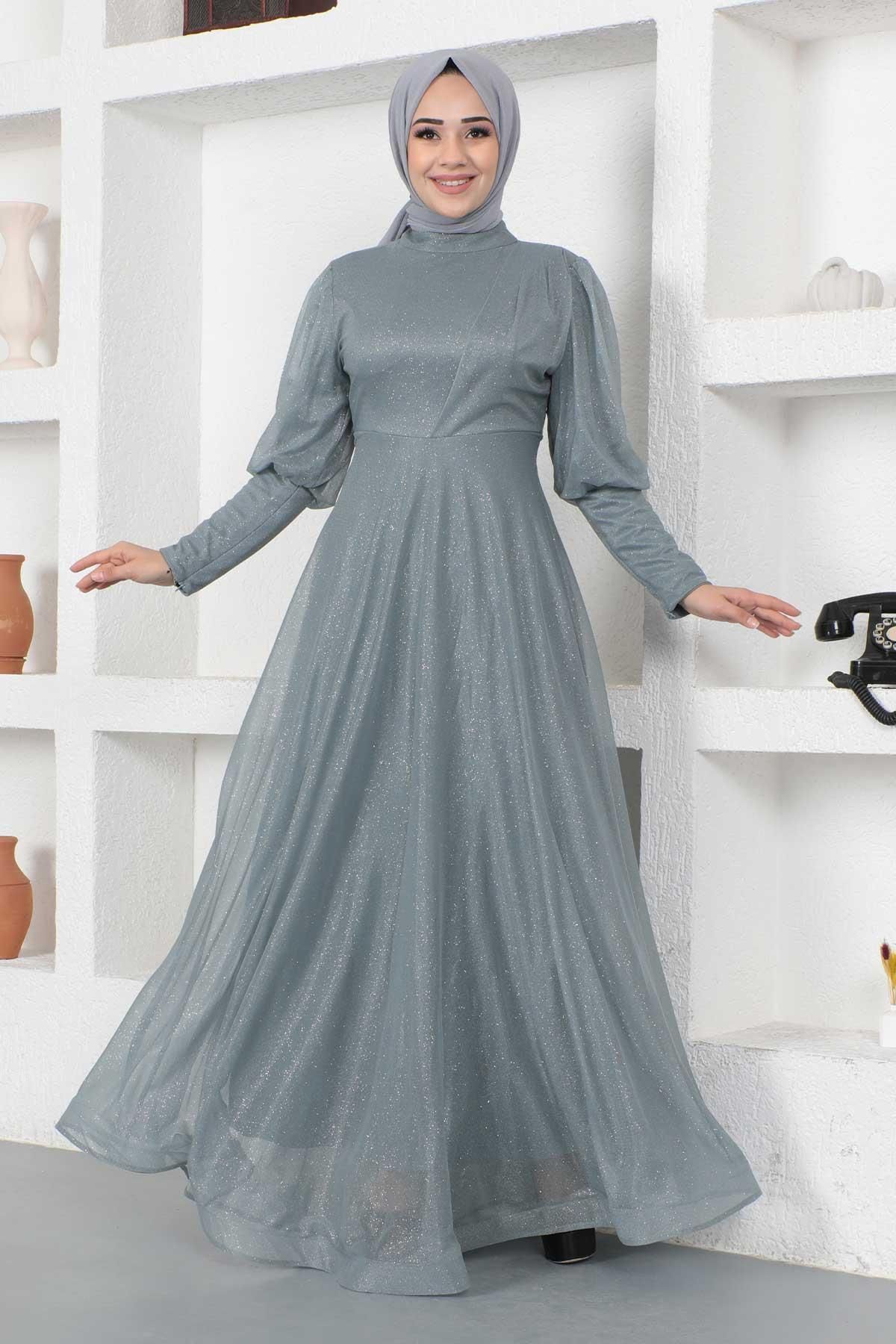 Modamihram-Silbriges Abendkleid mit Reißverschluss-Manschetten-Detail, Grau 12253 4