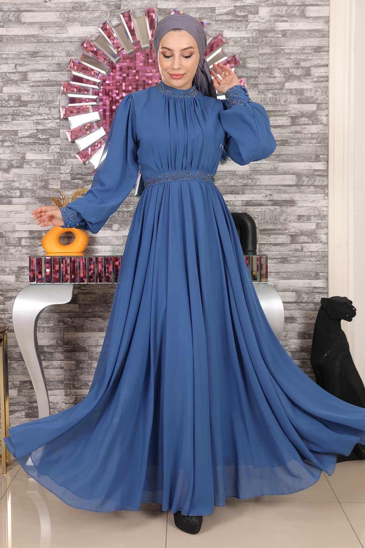 Modamihram-Stone Detailed Chiffon Evening Dress Indigo 19109 4