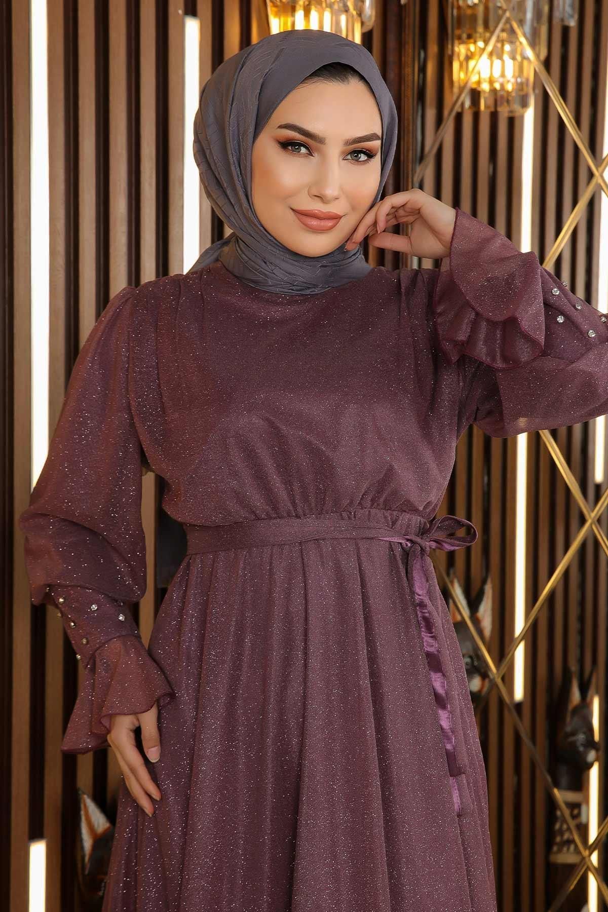 Modamihram-Steindetailliertes, glitzerndes Chiffon-Abendkleid Dusty Rose 19113 2