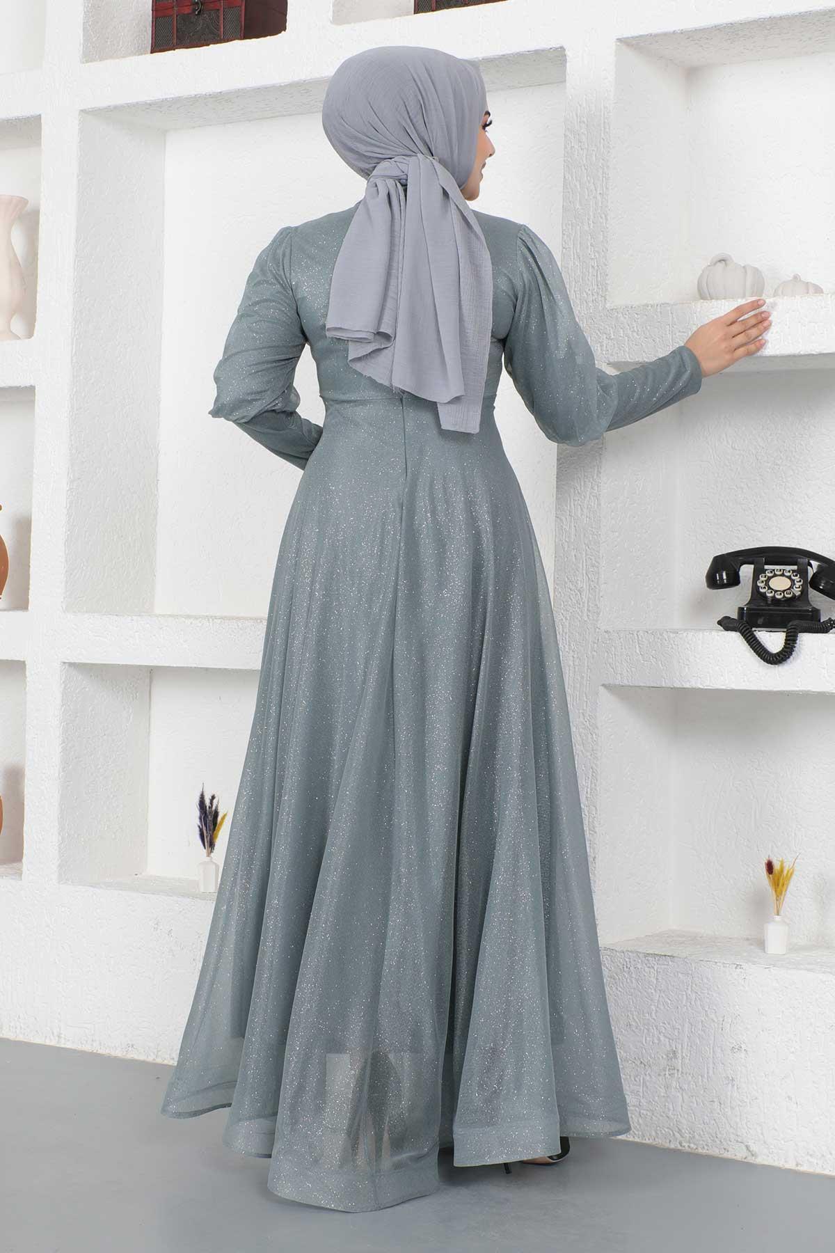 Modamihram-Silbriges Abendkleid mit Reißverschluss-Manschetten-Detail, Grau 12253 5