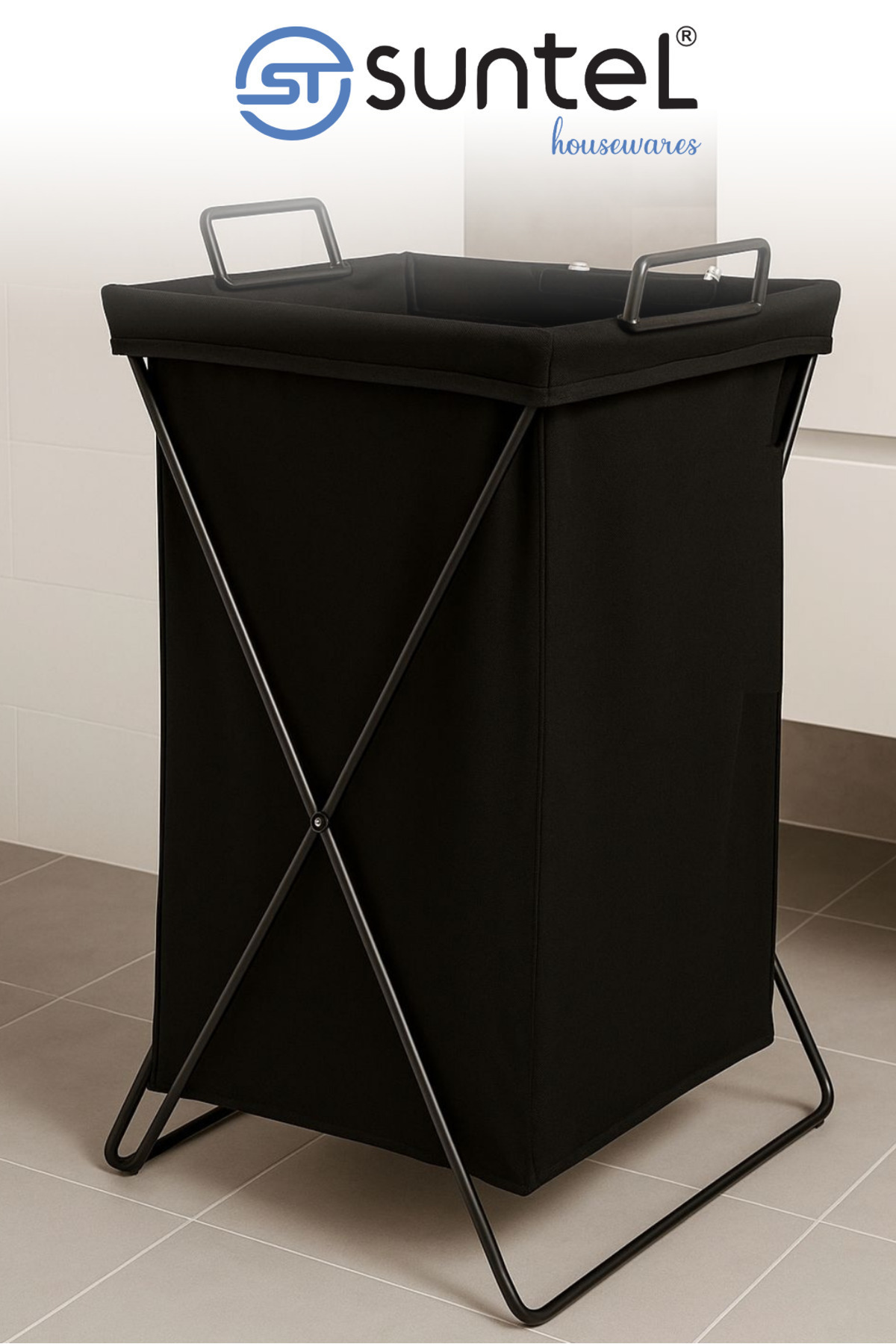Suntel Katlanabilir Kumaş Çamaşır Sepeti – Siyah Metal Gövdeli, Siyah Renk Torbalı