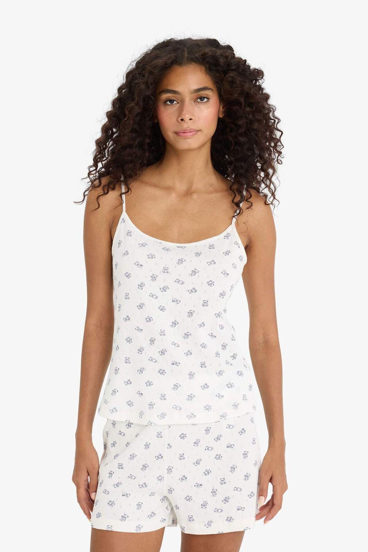 DeFacto-Regular Fit Pajama Set Suspender Patterned Pajama Top with Elastic Waist Shorts Pajama Bottoms-Fall in Love F6137 3