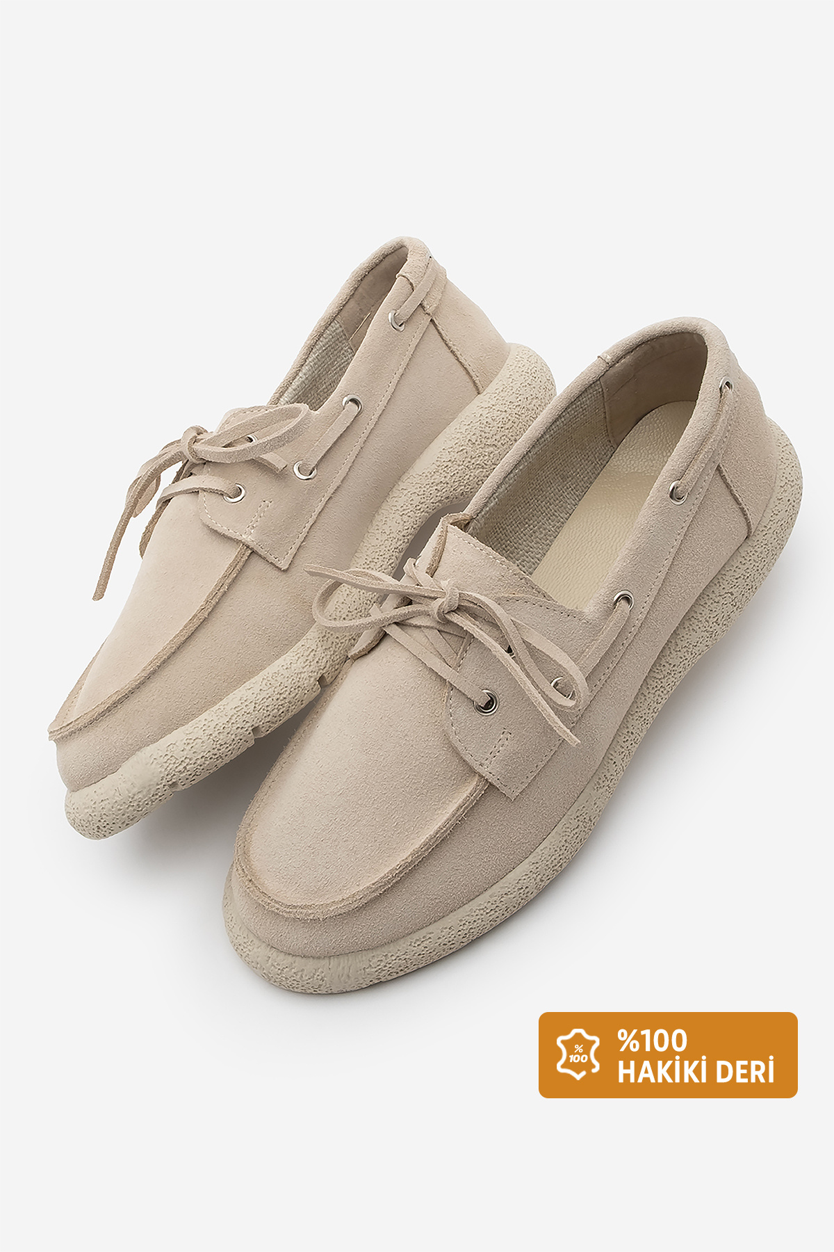 Marjin-Дамски мокасини с вратовръзка - Естествена кожа, модел Günyetin Enita Beige Suede 1