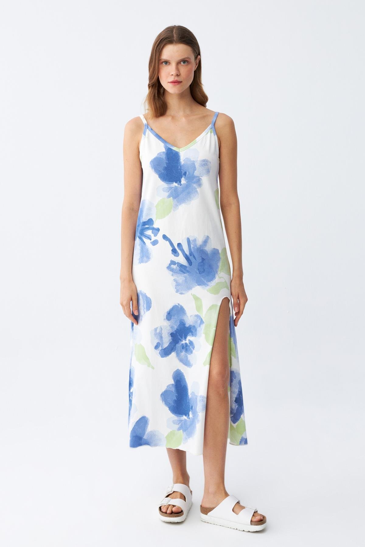 Akbeniz İp Askılı Uzun Yırtmaçlı Penye Gecelik 90128