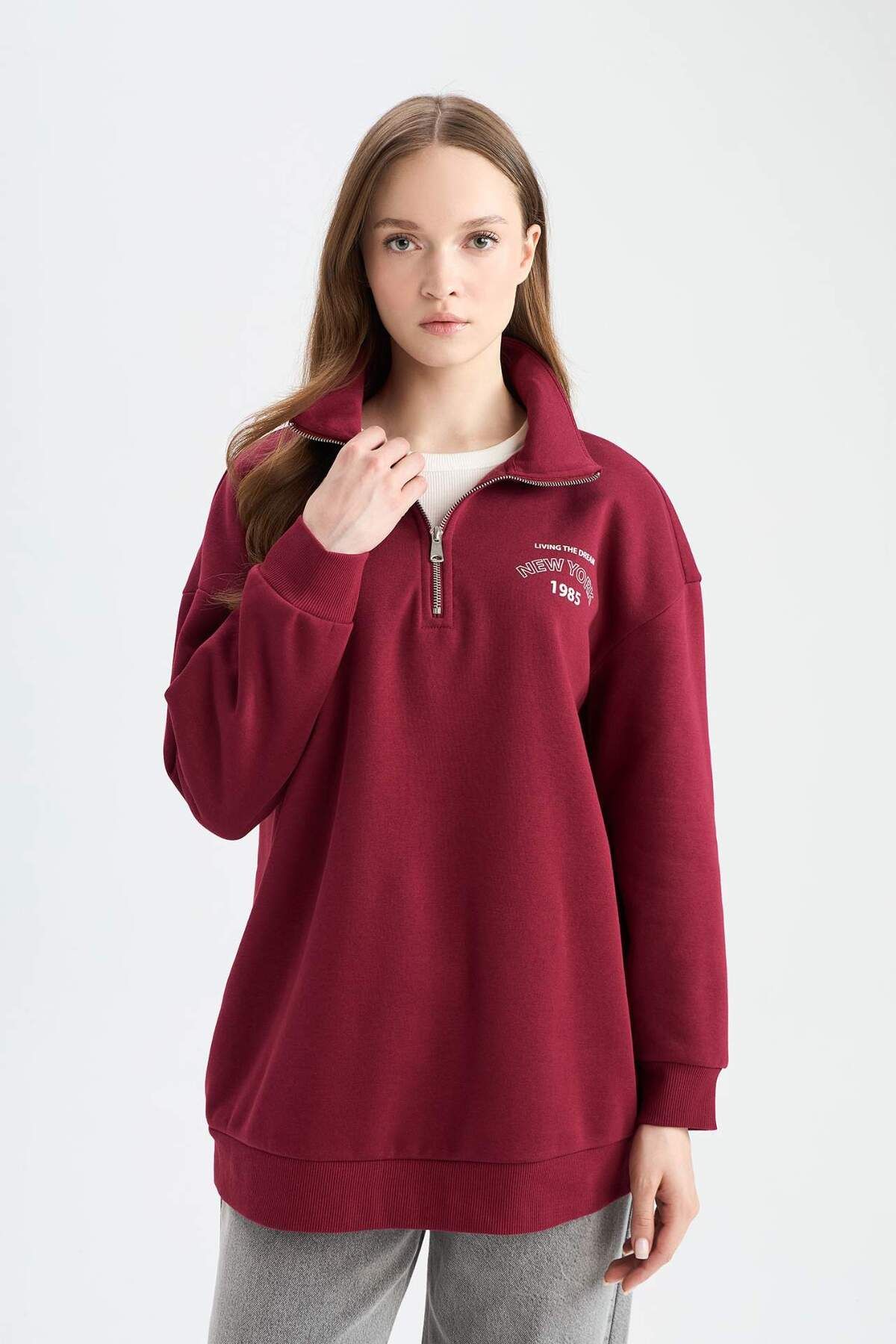 DeFacto-Regular Fit Zipper Stand Collar Printed Inside Soft Furry Thick Sweatshirt Tunic E8846Ax24Cw 3
