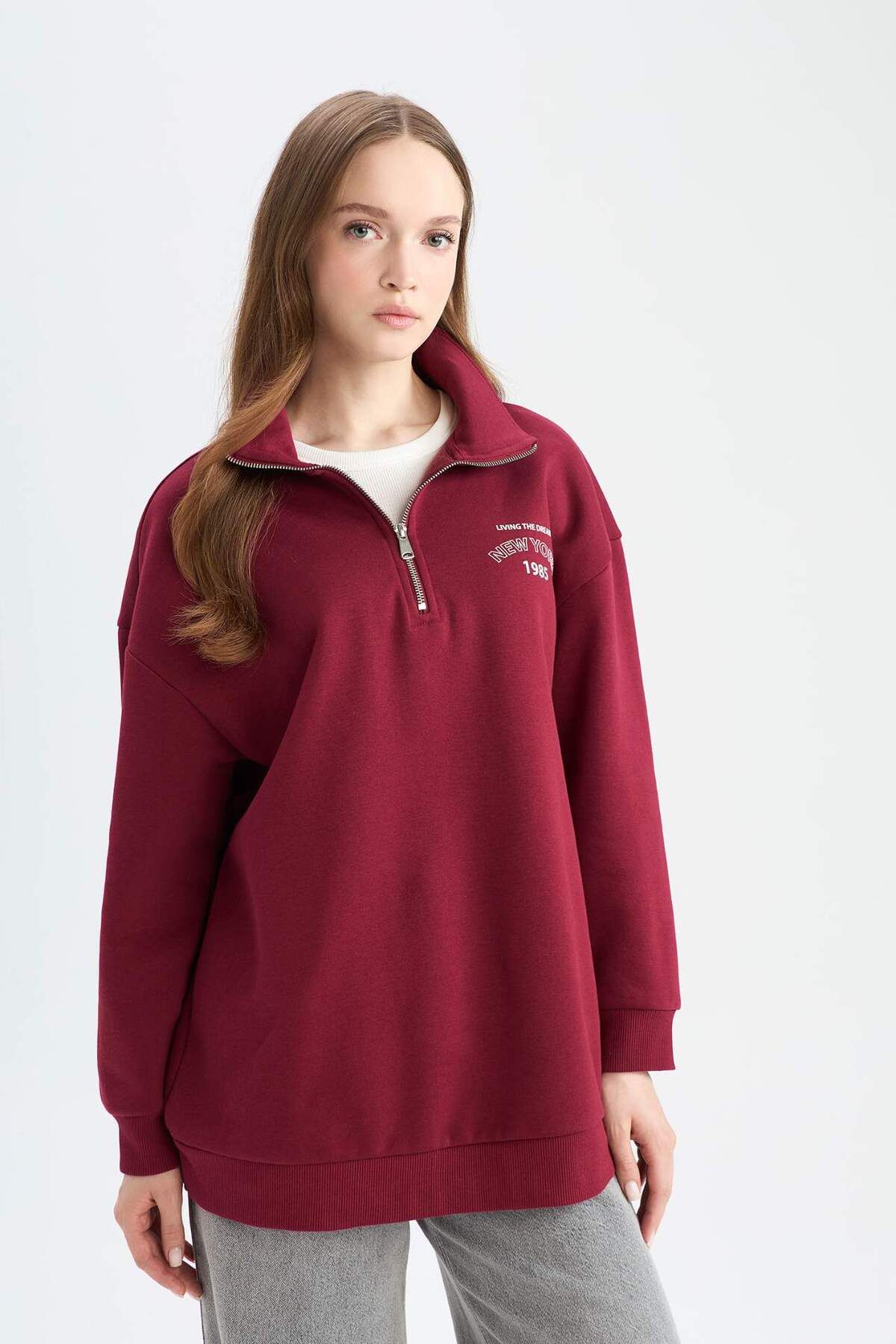 DeFacto-Regular Fit Zipper Stand Collar Printed Inside Soft Furry Thick Sweatshirt Tunic E8846Ax24Cw 4