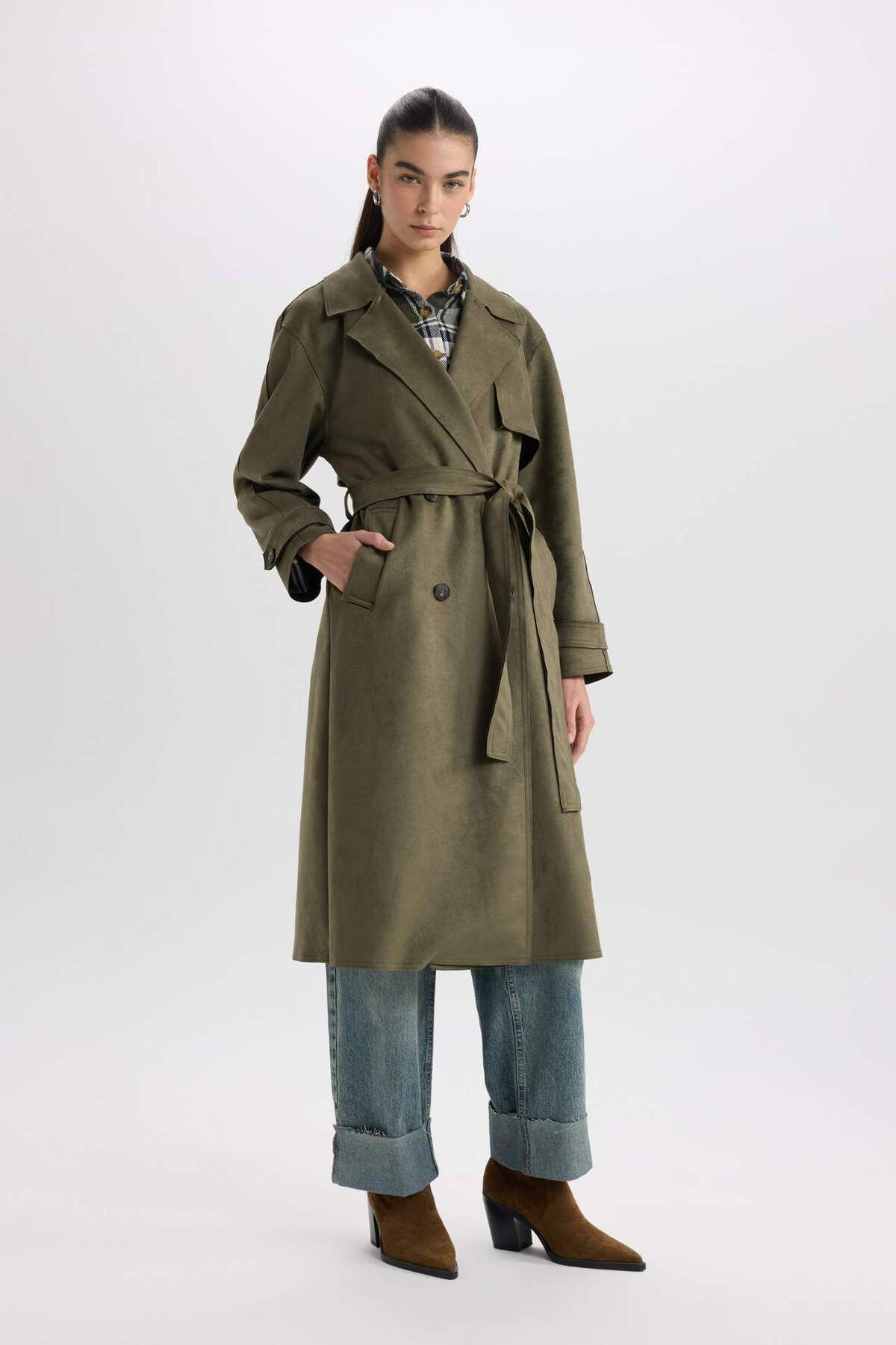 DeFacto-Normale Passform, Smoking-Revers, langer Wildleder-Trenchcoat mit Gürteltasche D5799AX25SP 3