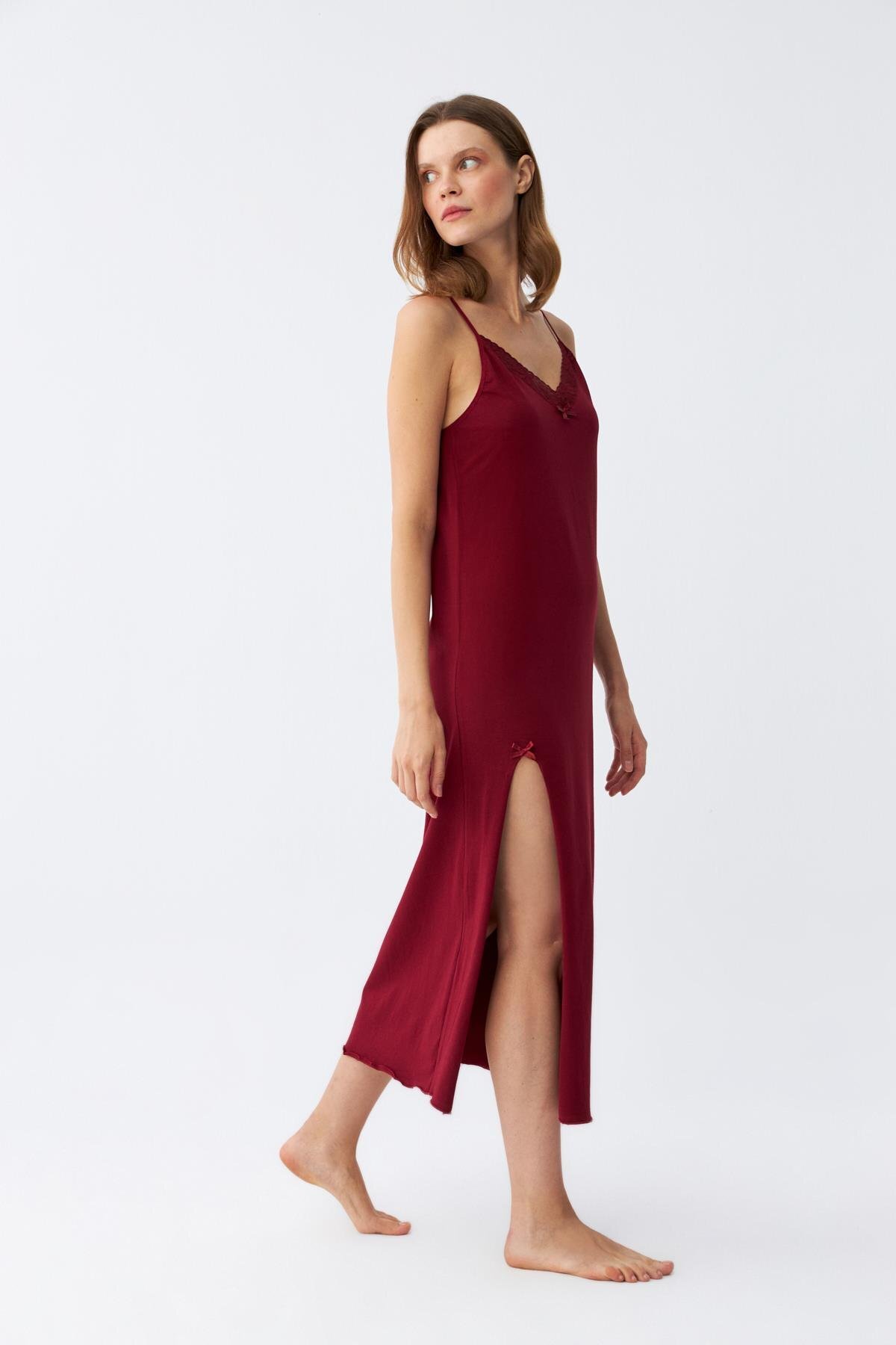 Akbeniz Kadın İp Askılı Bordo Uzun Gecelik 901