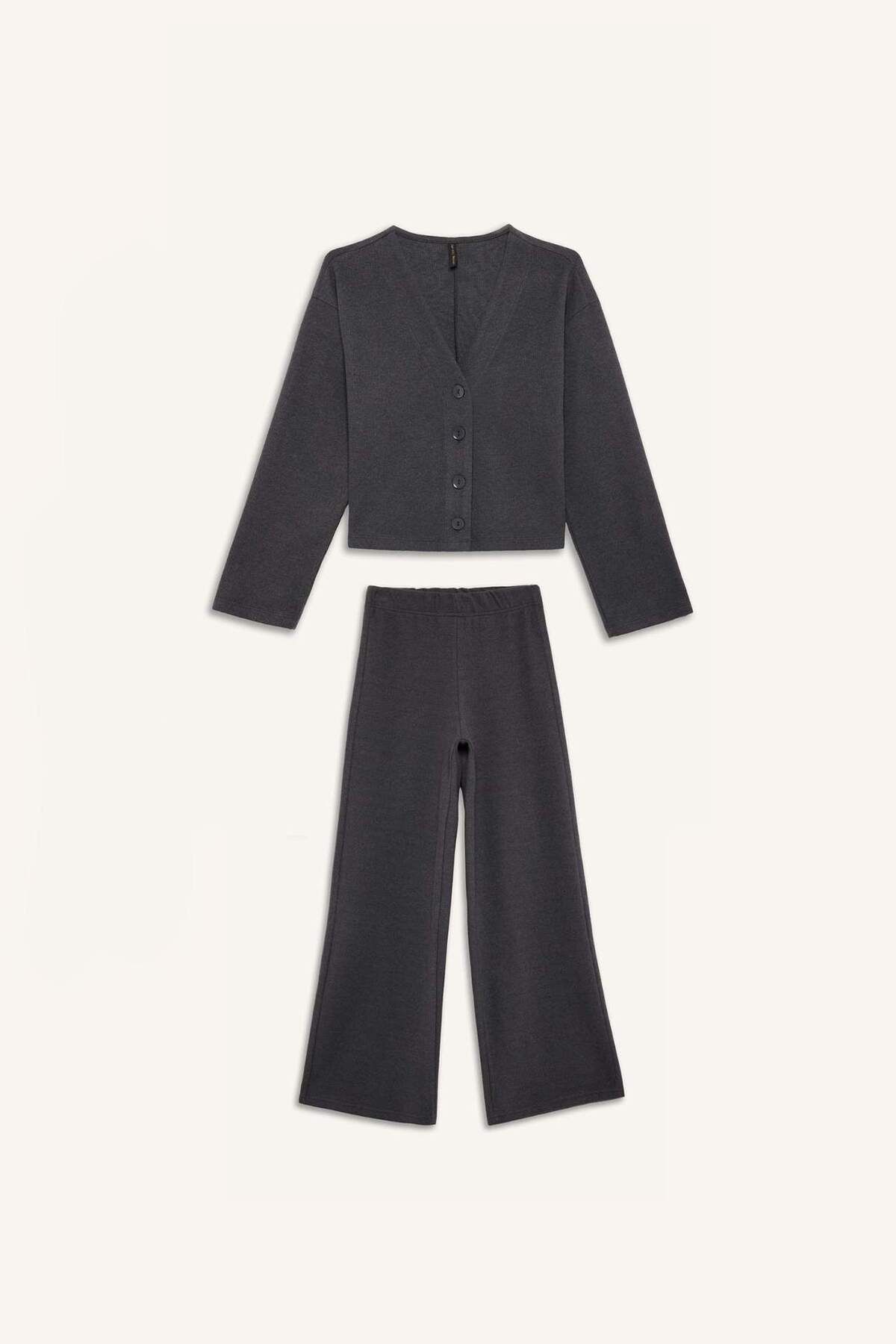 DeFacto-2er-Set Strickjacke mit V-Ausschnitt und Knöpfen, Hose mit weitem Bein und dehnbarer Taille E9859AX24WN 8