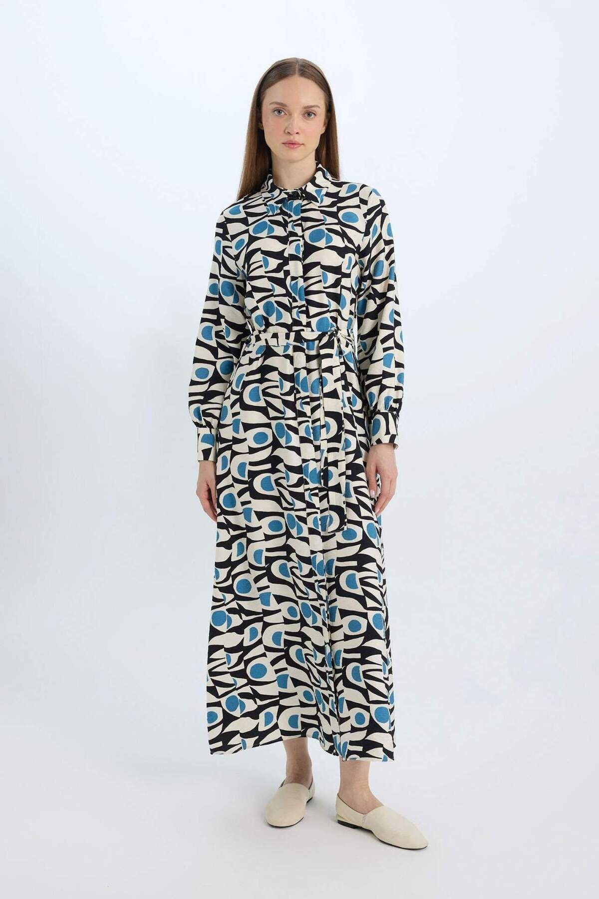 DeFacto-Rochie maxi hijab cu mânecă lungă, cu model de guler de cămașă, cu centură E1266AX25SP 6