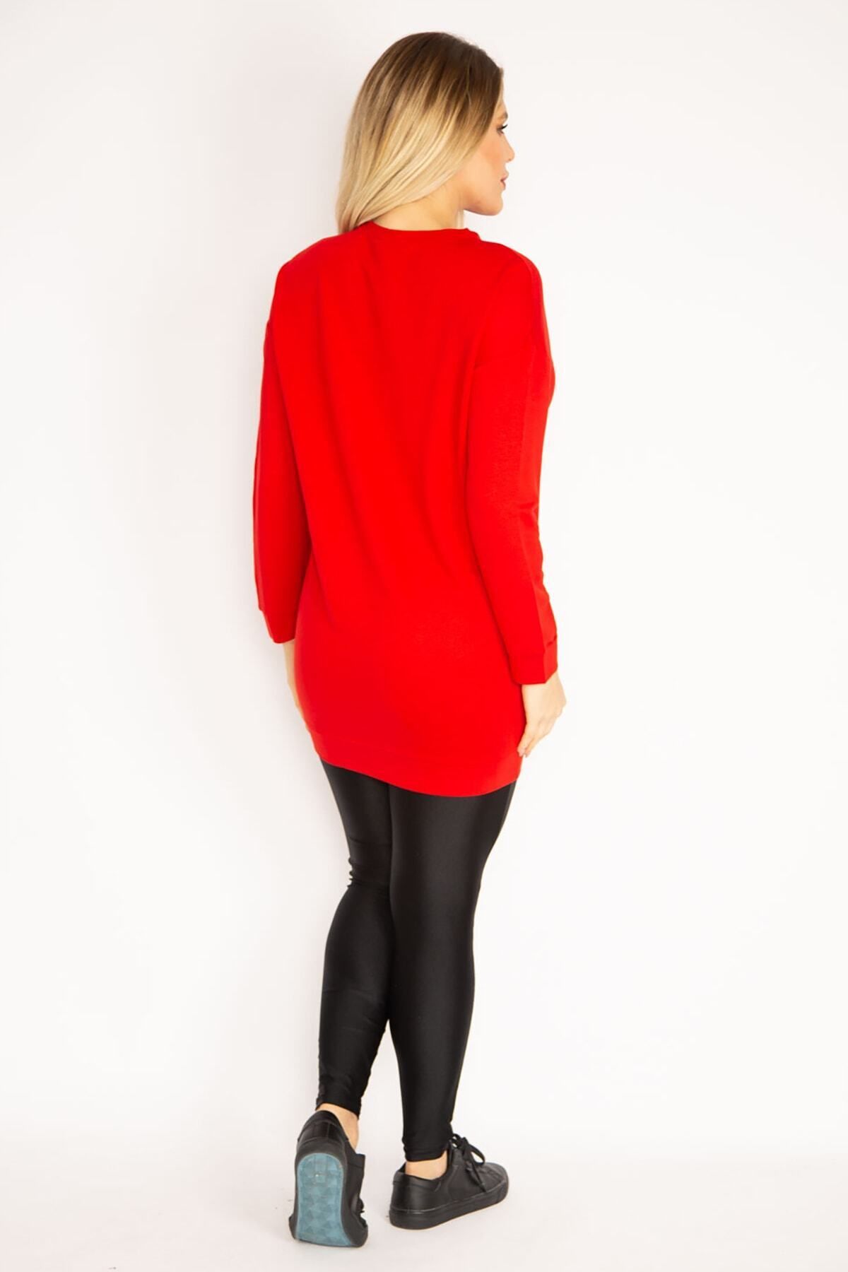 Şans-Women's Large Size Red Tunic with Banded Sleeves and Hem 65n31035 6