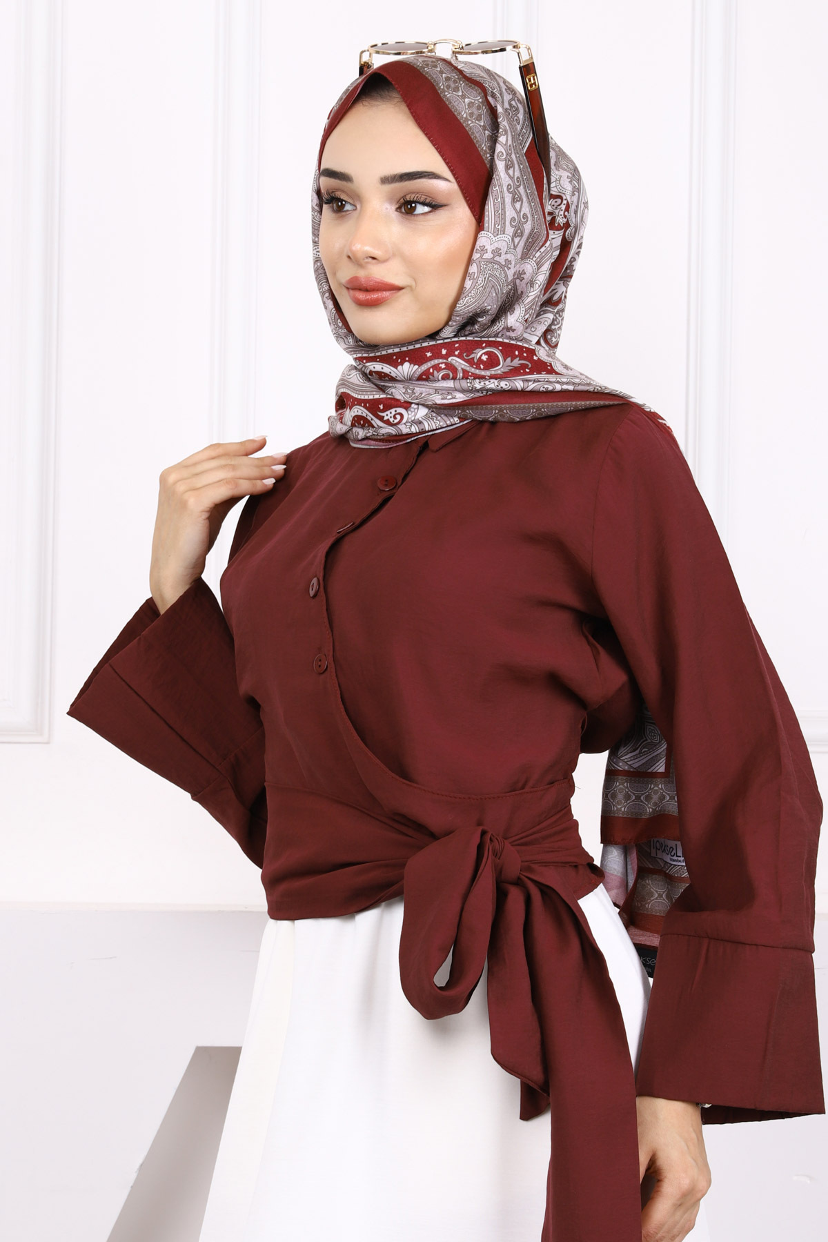 Bordo Bel Bağlamalı Modal Gömlek