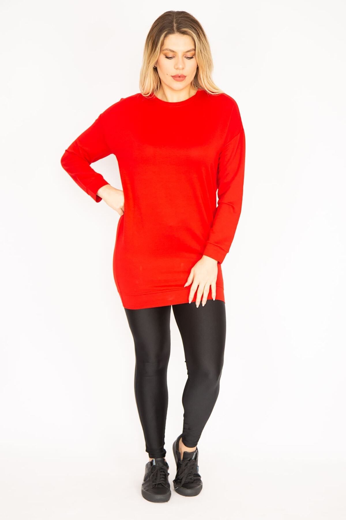 Şans-Women's Large Size Red Tunic with Banded Sleeves and Hem 65n31035 8