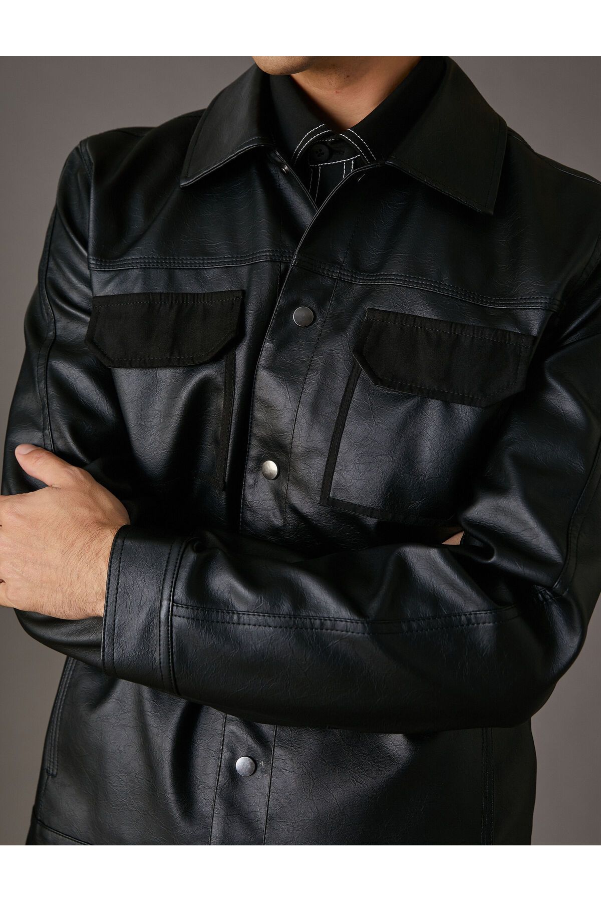 Koton-Leather Look Jacket with Flap Double Pockets Classic Collar with Snap Buttons 6