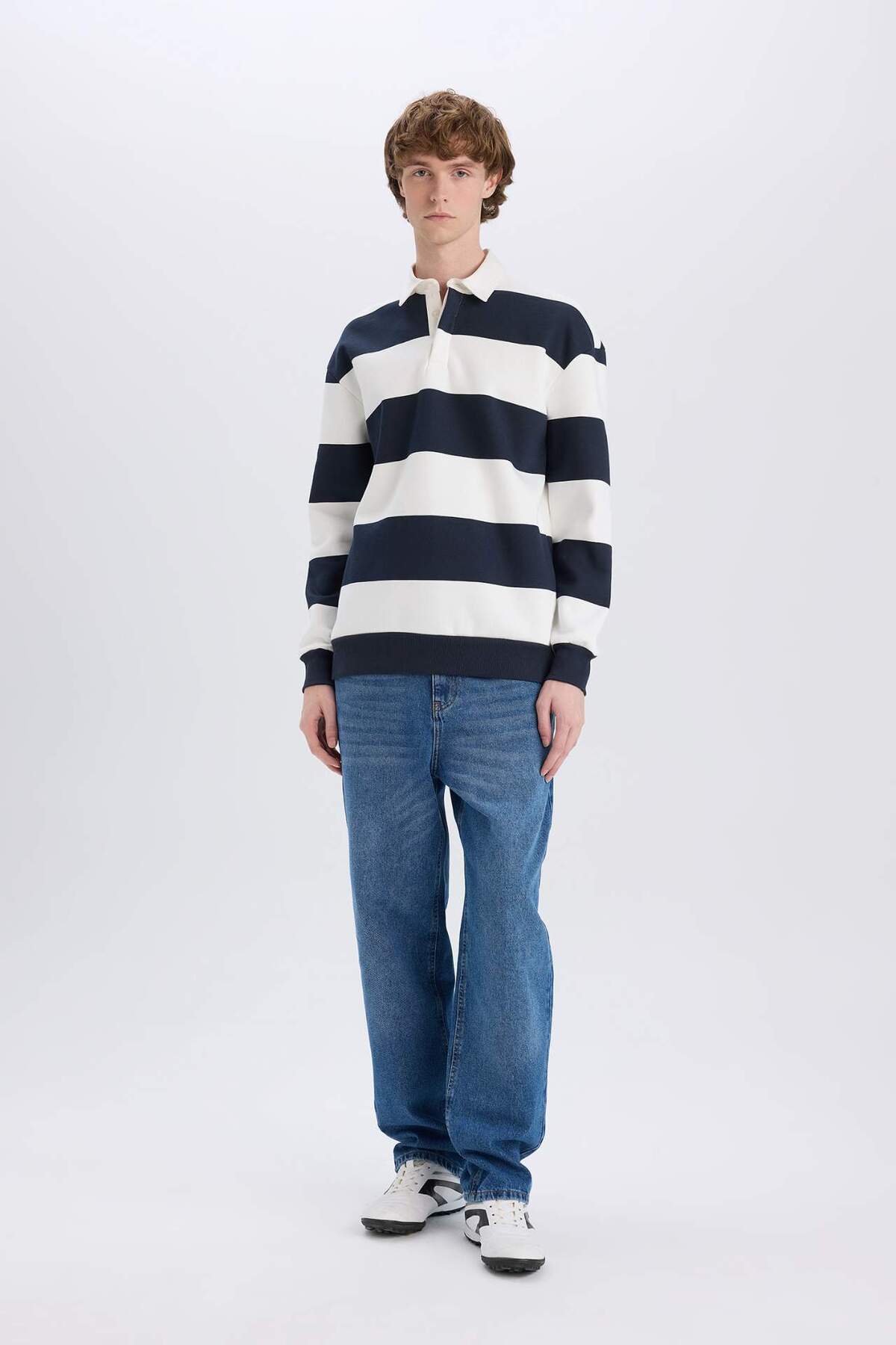 DeFacto-Pruhovaná mikina Boxy Fit Polo Neck D1784AX24WN 2