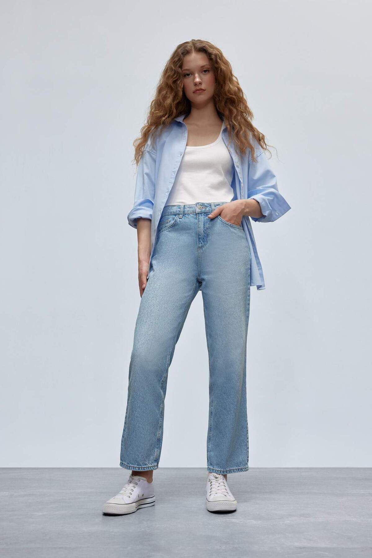 Straight Fit Yüksek Bel Bilek Boy Jean Yıkamalı Pantolon E3191AX25SP