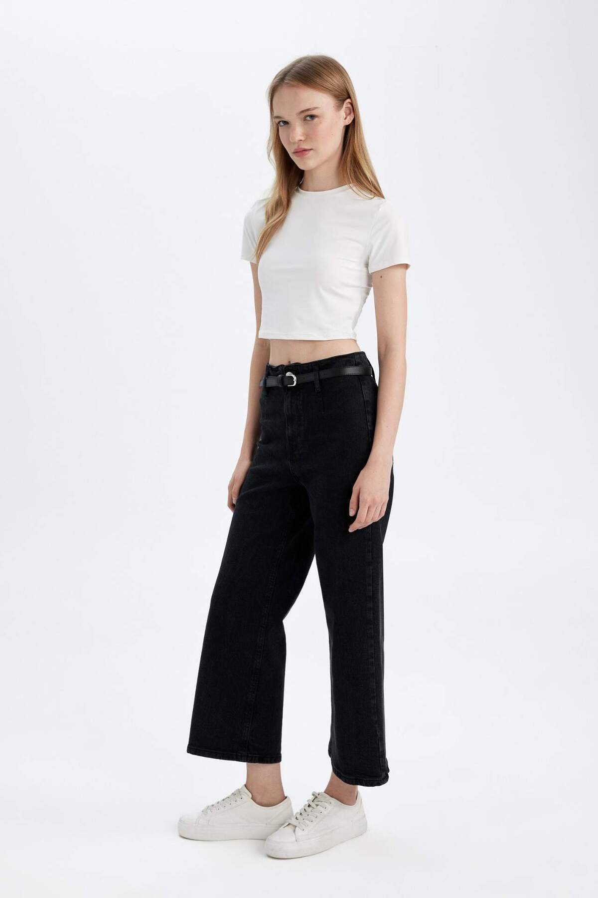 Culotte Yüksek Bel Rahat Kalıp Bilek Boy İspanyol Paça Kemerli Jean Yıkamalı Pantolon D5887AX25SP