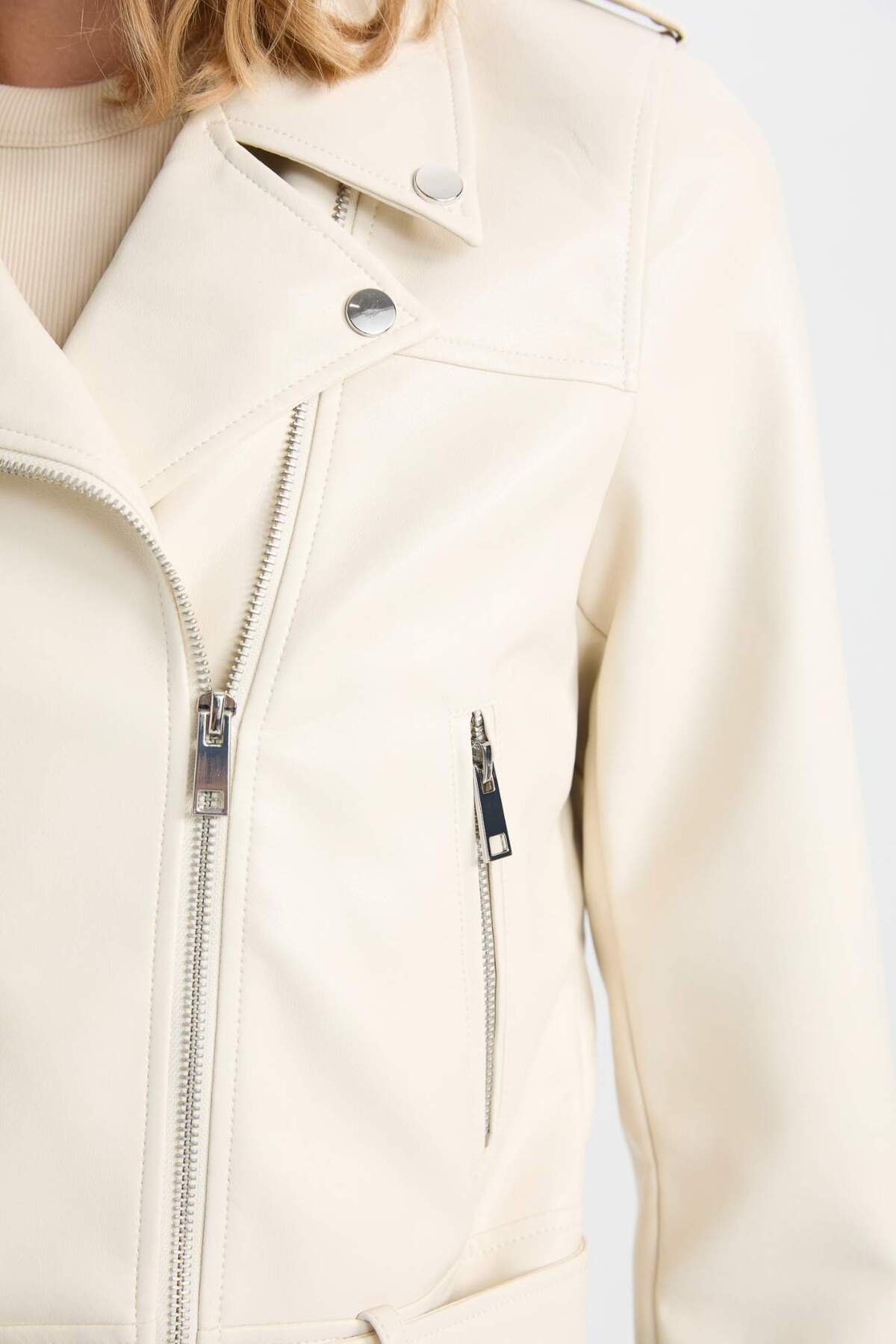 DeFacto-Faux Leather Water Repellent Crop Biker Jacket - Double Breasted Lapel, Zip Pocket, Belt Seasonal Y7168Az25Sp 6