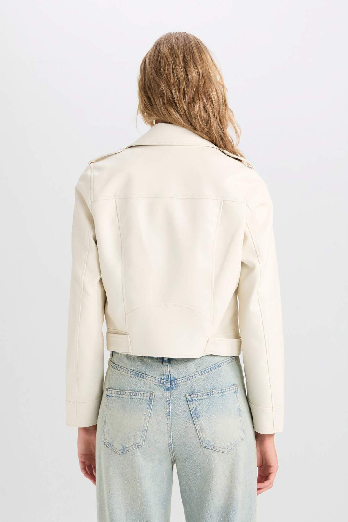 DeFacto-Faux Leather Water Repellent Crop Biker Jacket - Double Breasted Lapel, Zip Pocket, Belt Seasonal Y7168Az25Sp 7