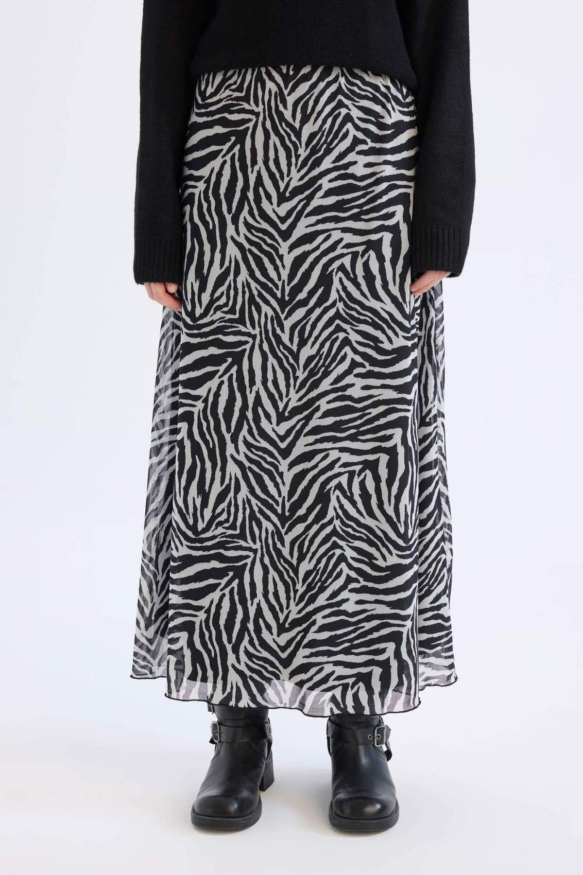 DeFacto-Flare Fit Zebra Print Φούστα μάξι από τούλι ψηλόμεση E3974AX25SP 4