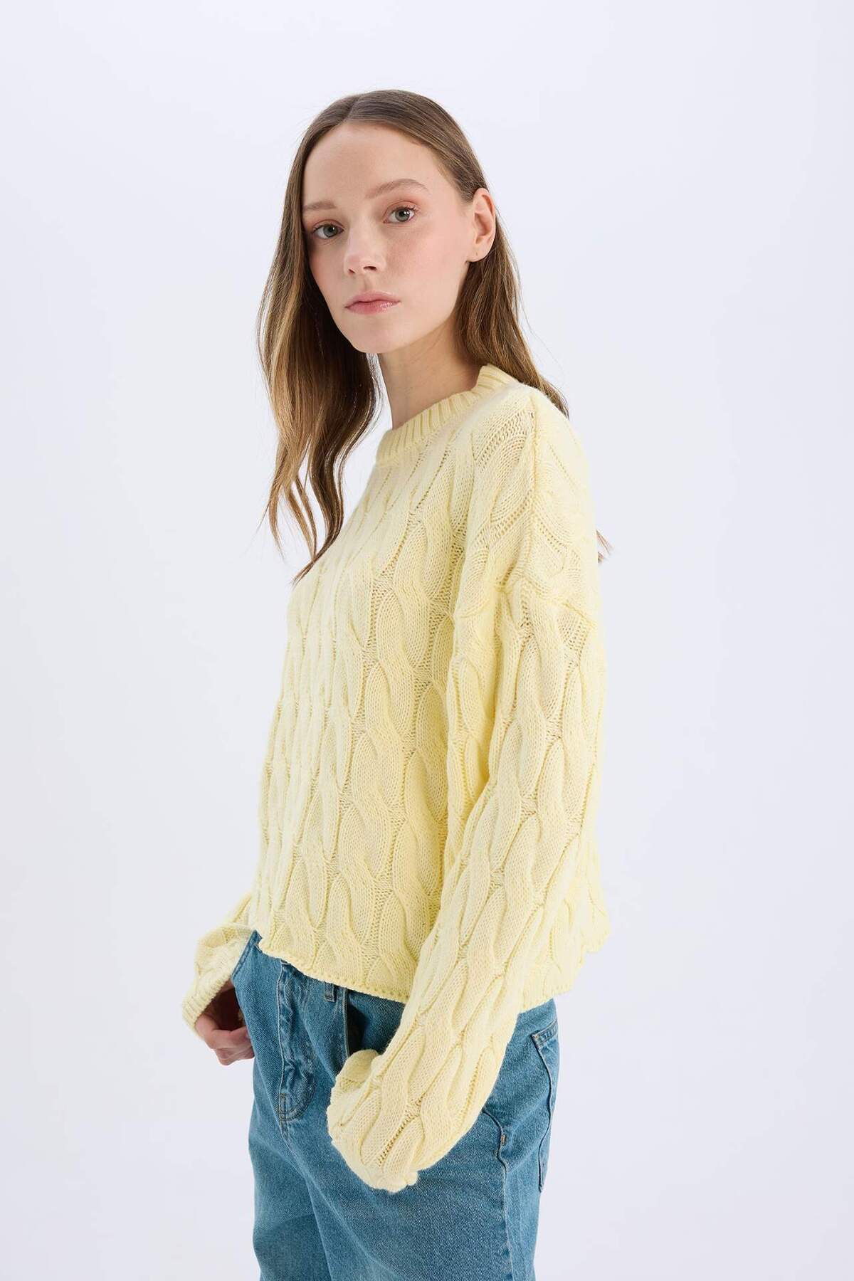 DeFacto-Coool Regular Fit Strickpullover mit Rundhalsausschnitt und geflochtenem Haar E4604ax25sp 4