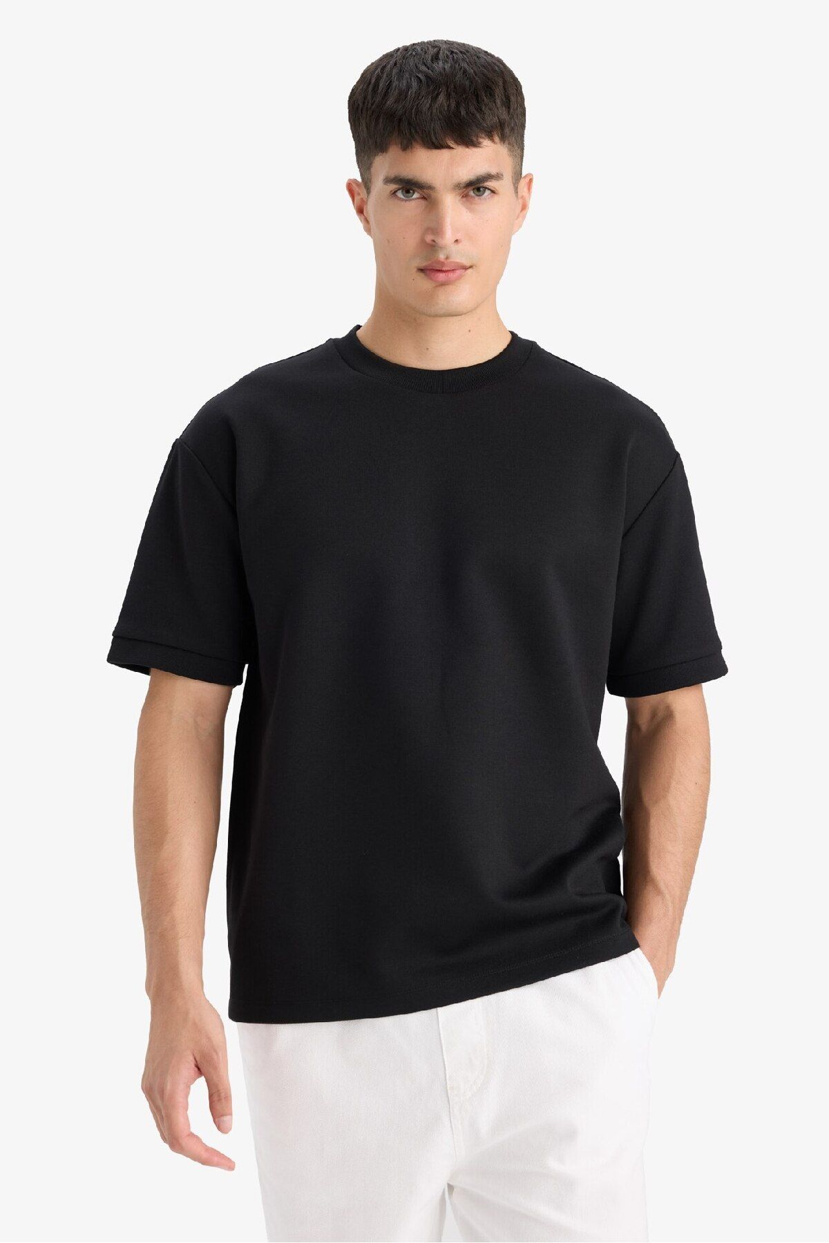 DeFacto-Oversize Wide Fit Crew Neck Basic Απλό κοντομάνικο βαρύ ύφασμα μαύρο μπλουζάκι B6494AX25SP 3