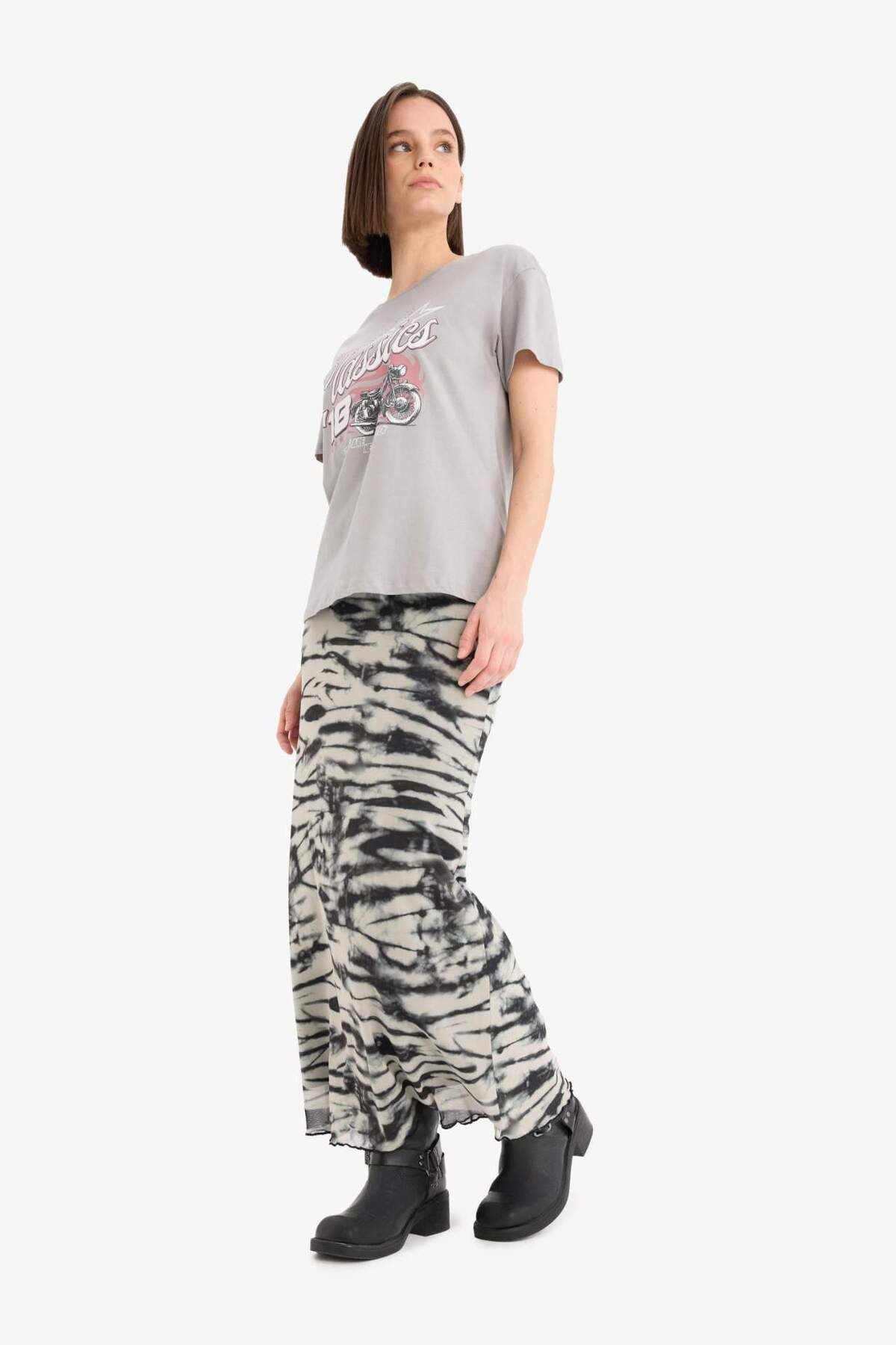 DeFacto-Coool A-Line Print High Waist Combed Cotton Lining Tulle Maxi Skirt D7077Ax25Sp 1