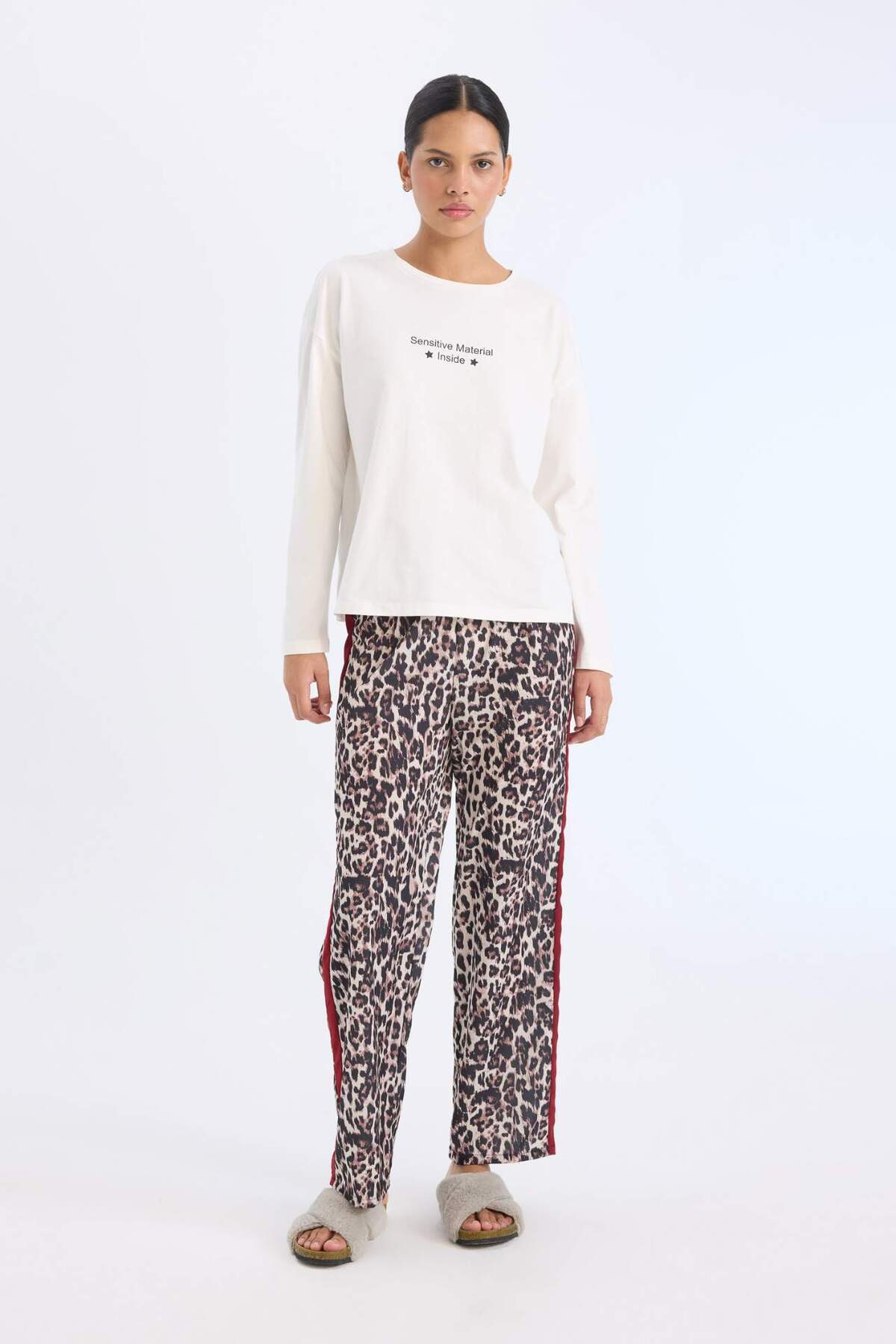 DeFacto-Pajama Sets Regular Fit Long Sleeve Printed Top Leopard Print Long Bottom-Fall in Love E2352Ax24Wn 3