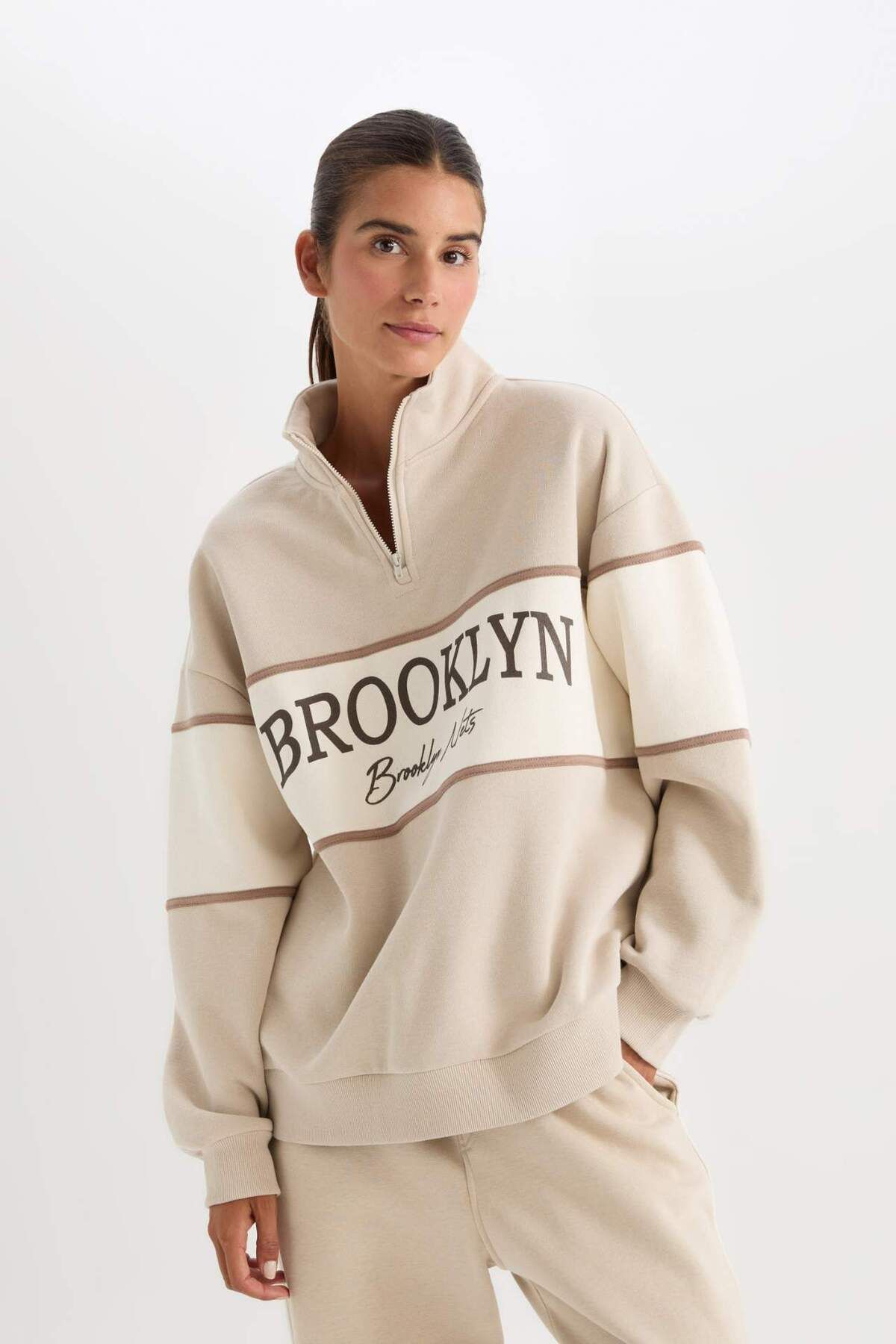 DeFacto-DeFactoFit NBA Brooklyn Nets Hanorac gros cu guler înalt, oversize, lărgime mare, cu fermoar D2428AX24AU 4