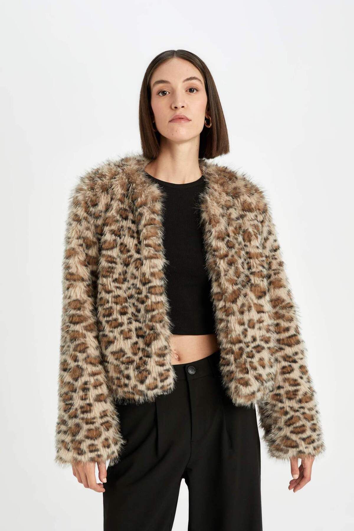 DeFacto-Regular Fit Leopard Print Faux Fur Jacket Coat D6650Ax24Wn 7