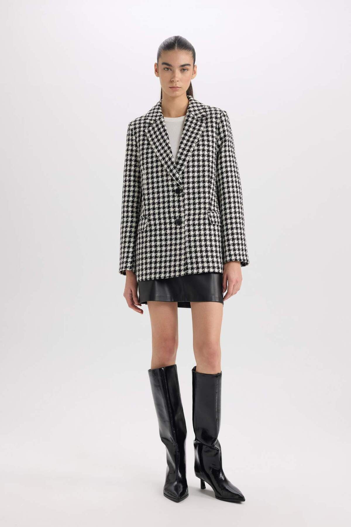 DeFacto-Oversize Wide Fit Jacket Lapel Buttoned Tweed Pattern Blazer Jacket V2814Az24Au 2