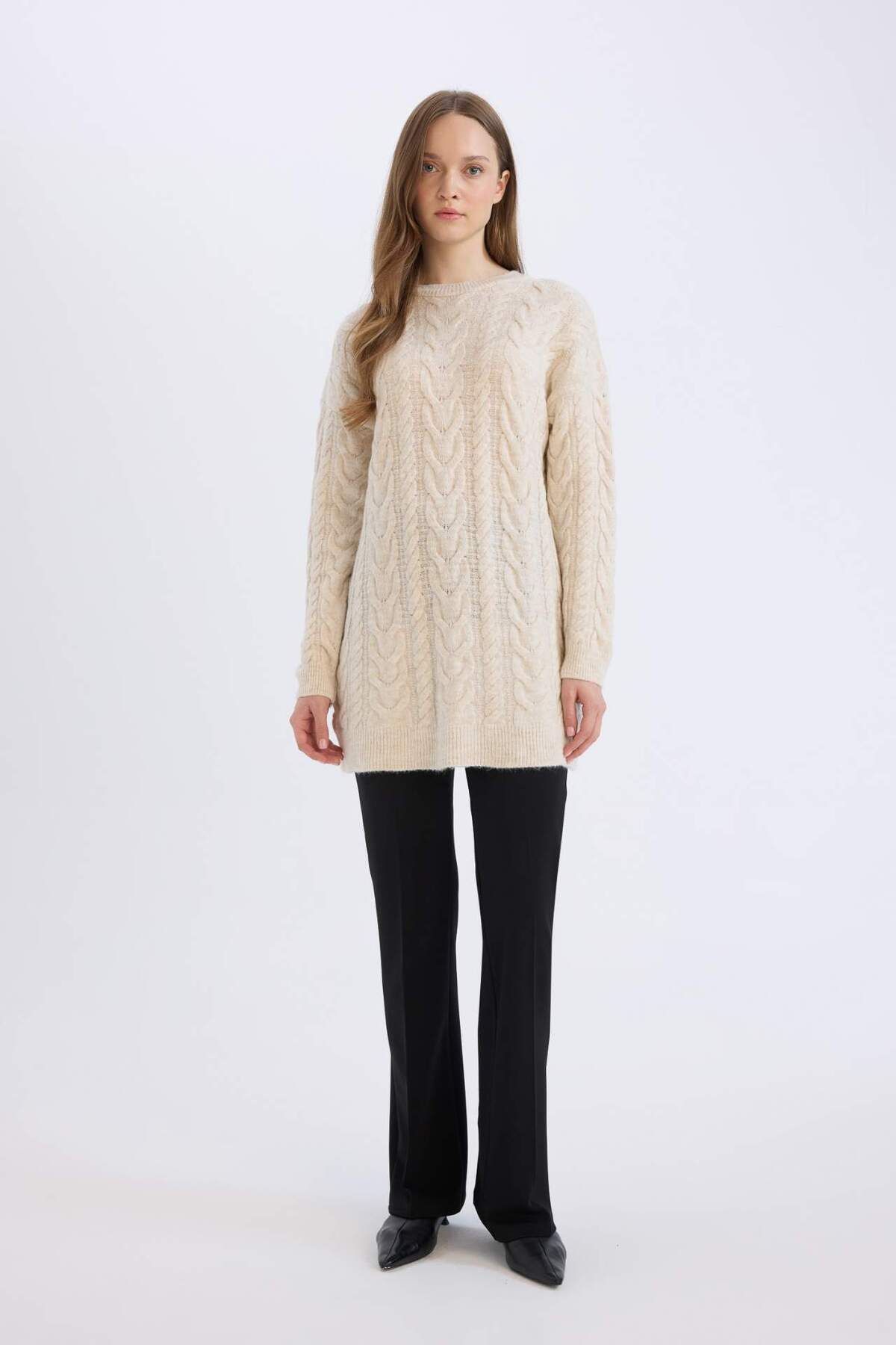 DeFacto-Strickpullover-Tunika mit normaler Passform, Rundhalsausschnitt, Haarstrickmuster, B4284AX24WN 2