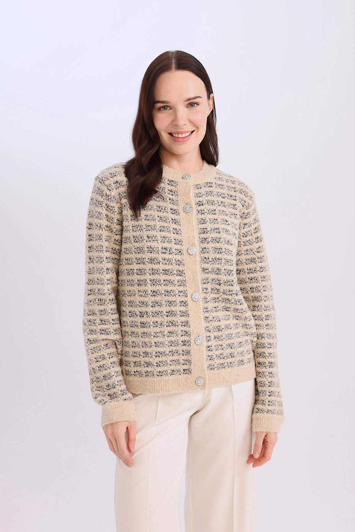 DeFacto-Regular Fit Pattern Crew Neck Buttoned Knitwear Cardigan D7671Ax24Wn 4