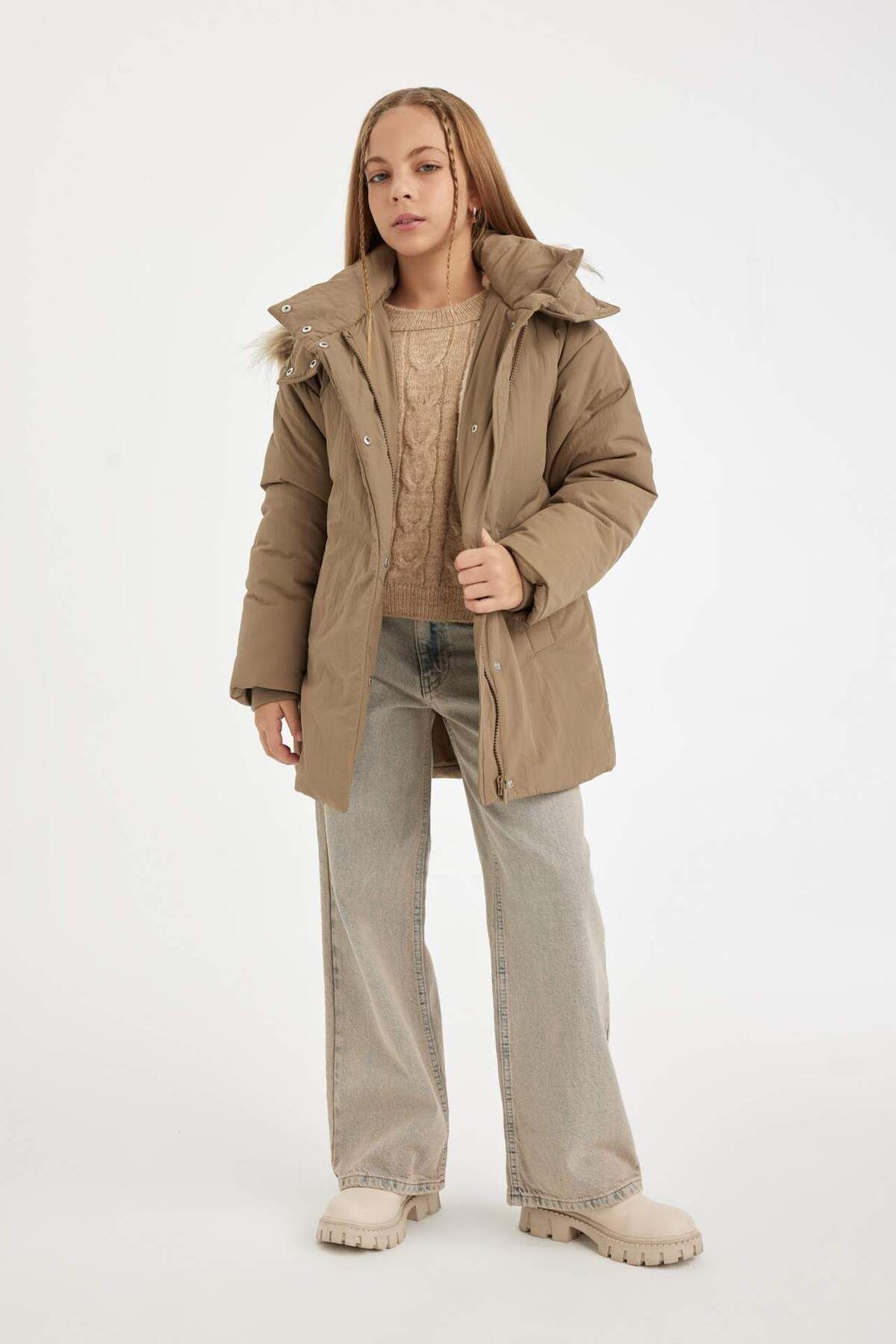 DeFacto-Girl's Removable Faux Fur Collar Hooded Parka C8515A824Au 2