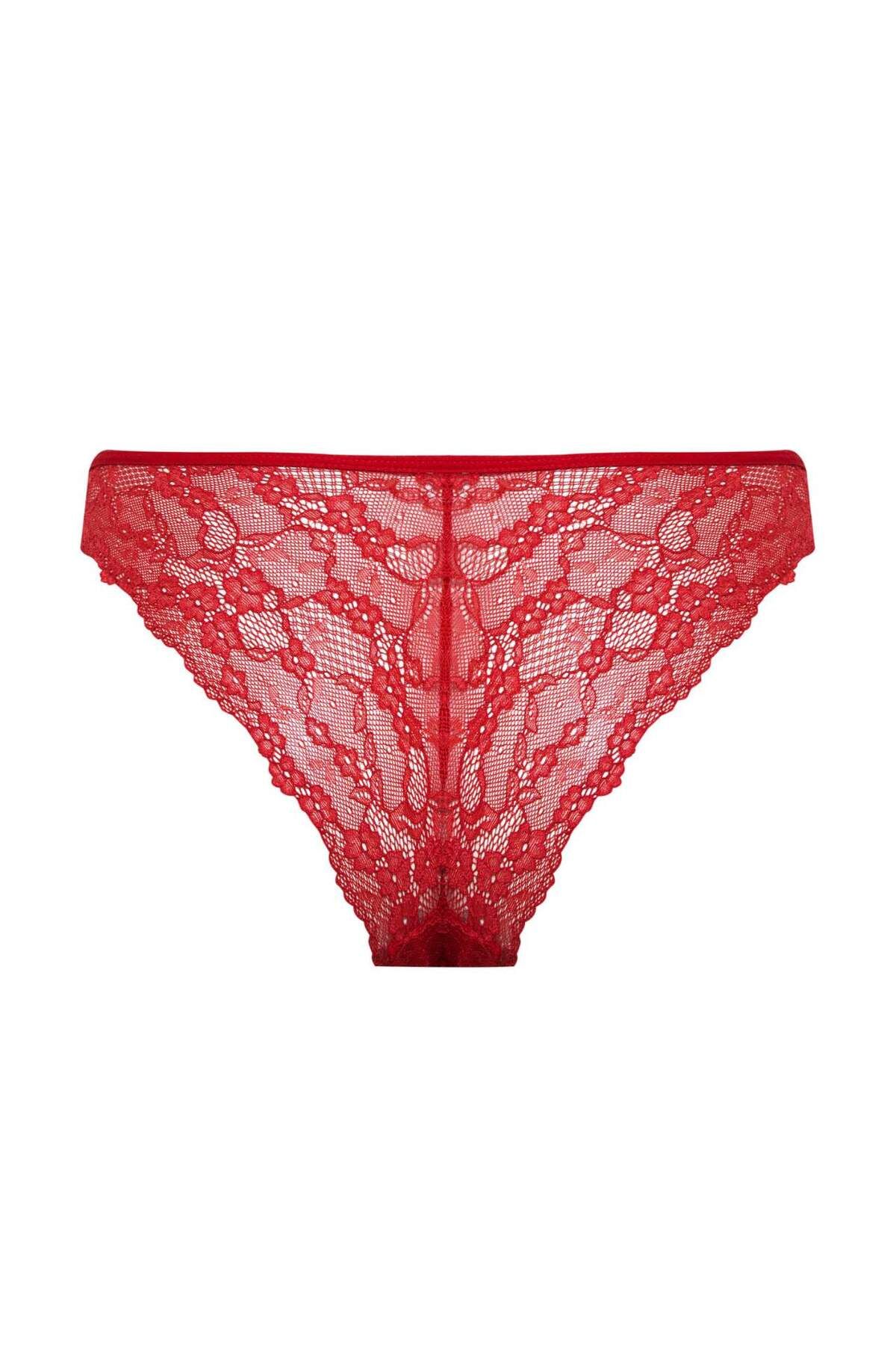 DeFacto-New Year's Themed Red Lace Brazilian Slip Panties - B4839Ax24Wn 3