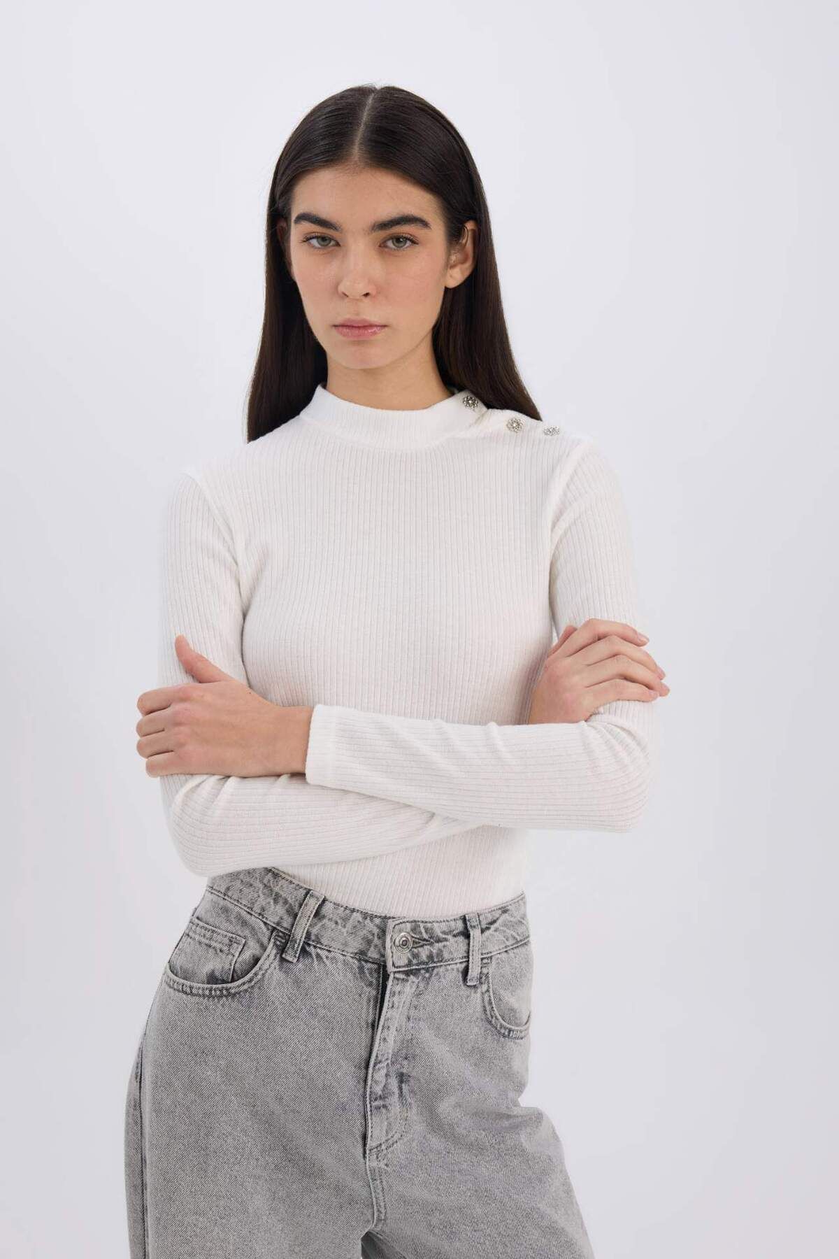 DeFacto-Slim Fit Tight Half Turtleneck Ribbed Camisole Long Sleeve T-Shirt D9499Ax24Wn 4