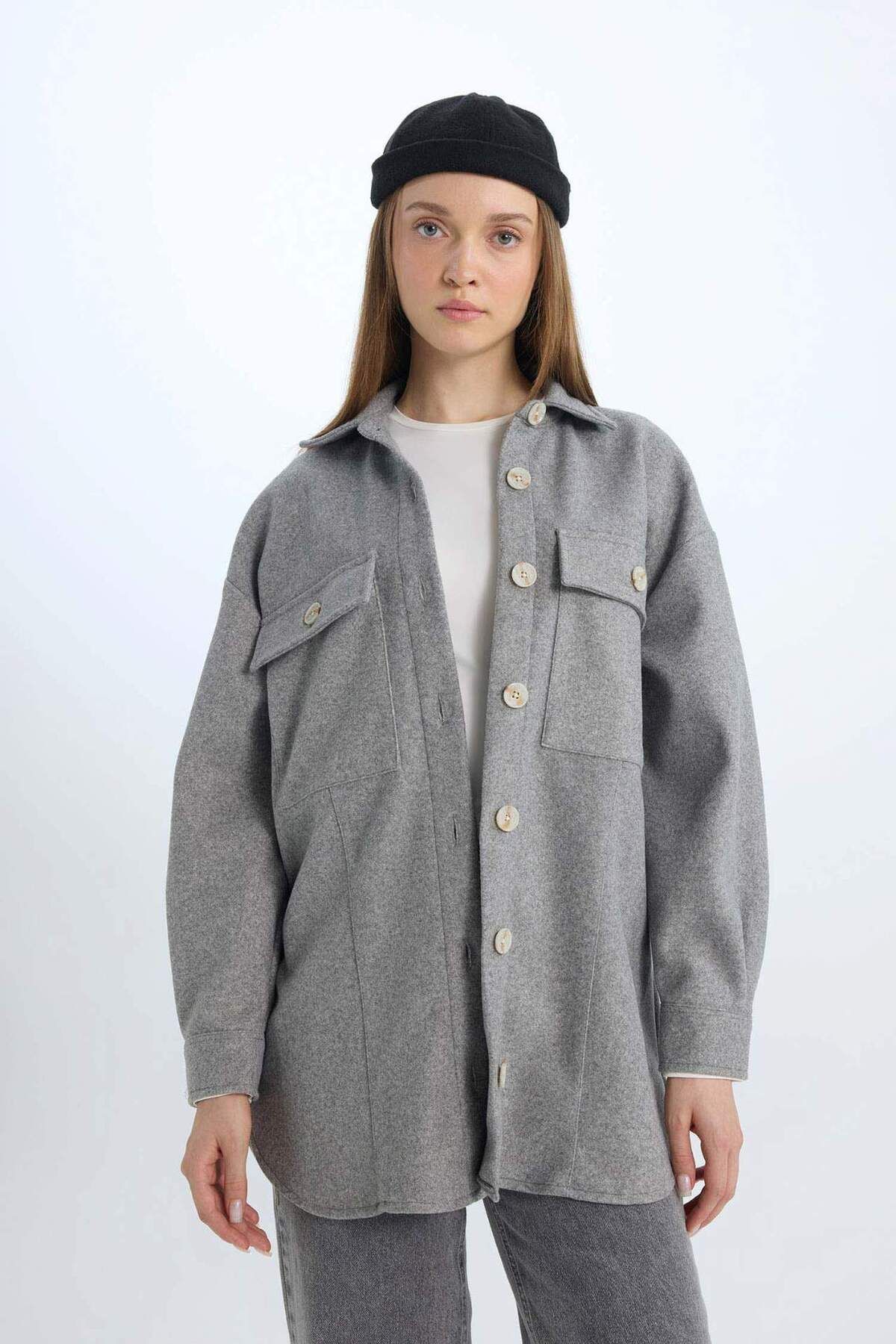 DeFacto-Relax Fit Shirt Collar Pocket Button Shirt Jacket D1302Ax24Wn 3