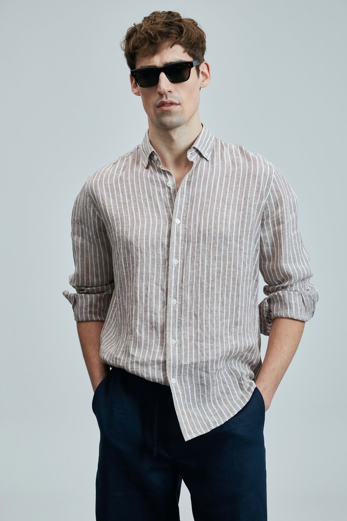 Lufian  111010632 Alfred Erkek Keten Pamuklu Gömlek Regular Fit Erkek Gömlek BEJ