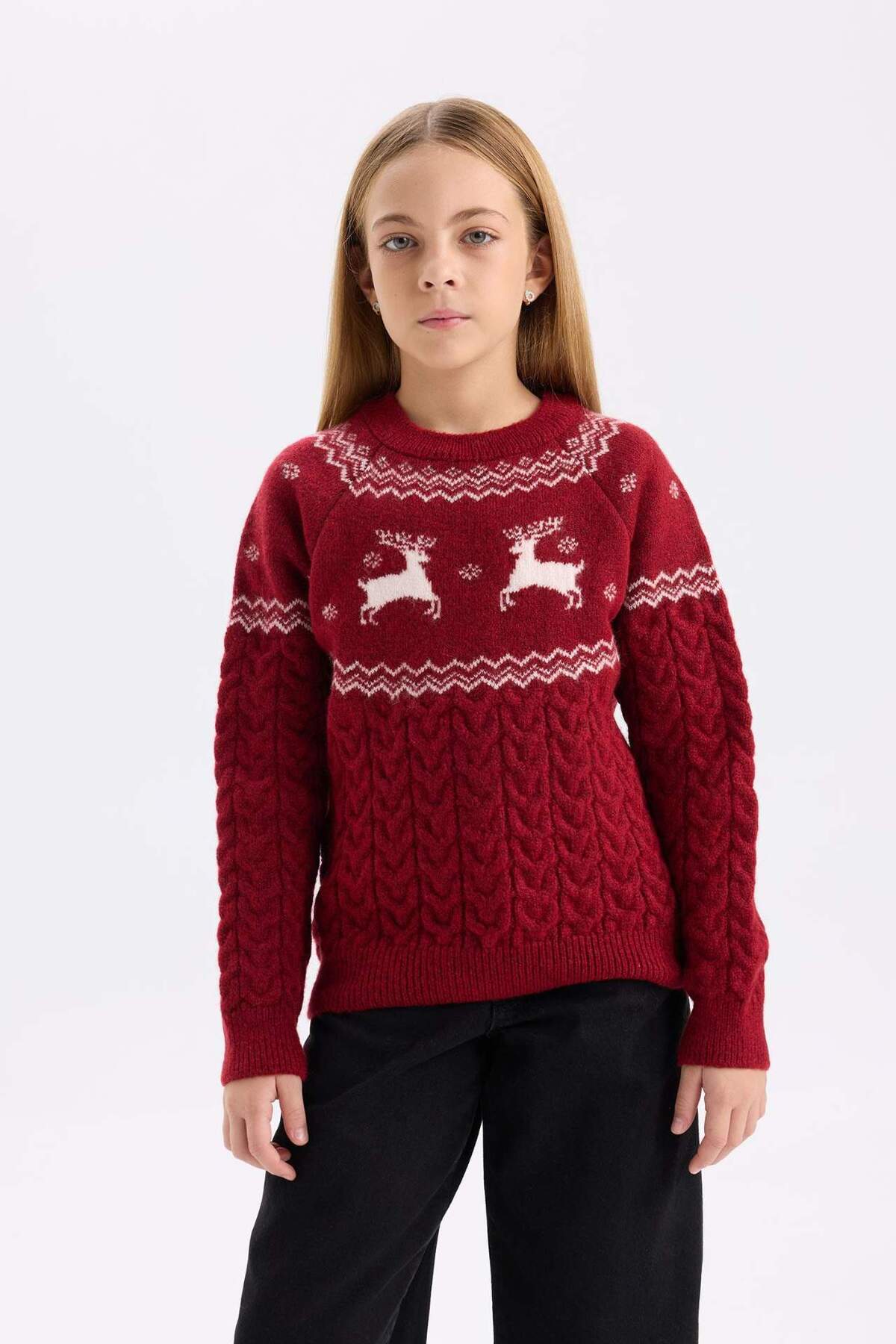DeFacto-Girl's Crew Neck Christmas Themed Knitwear Sweater D2672A824Wn 5