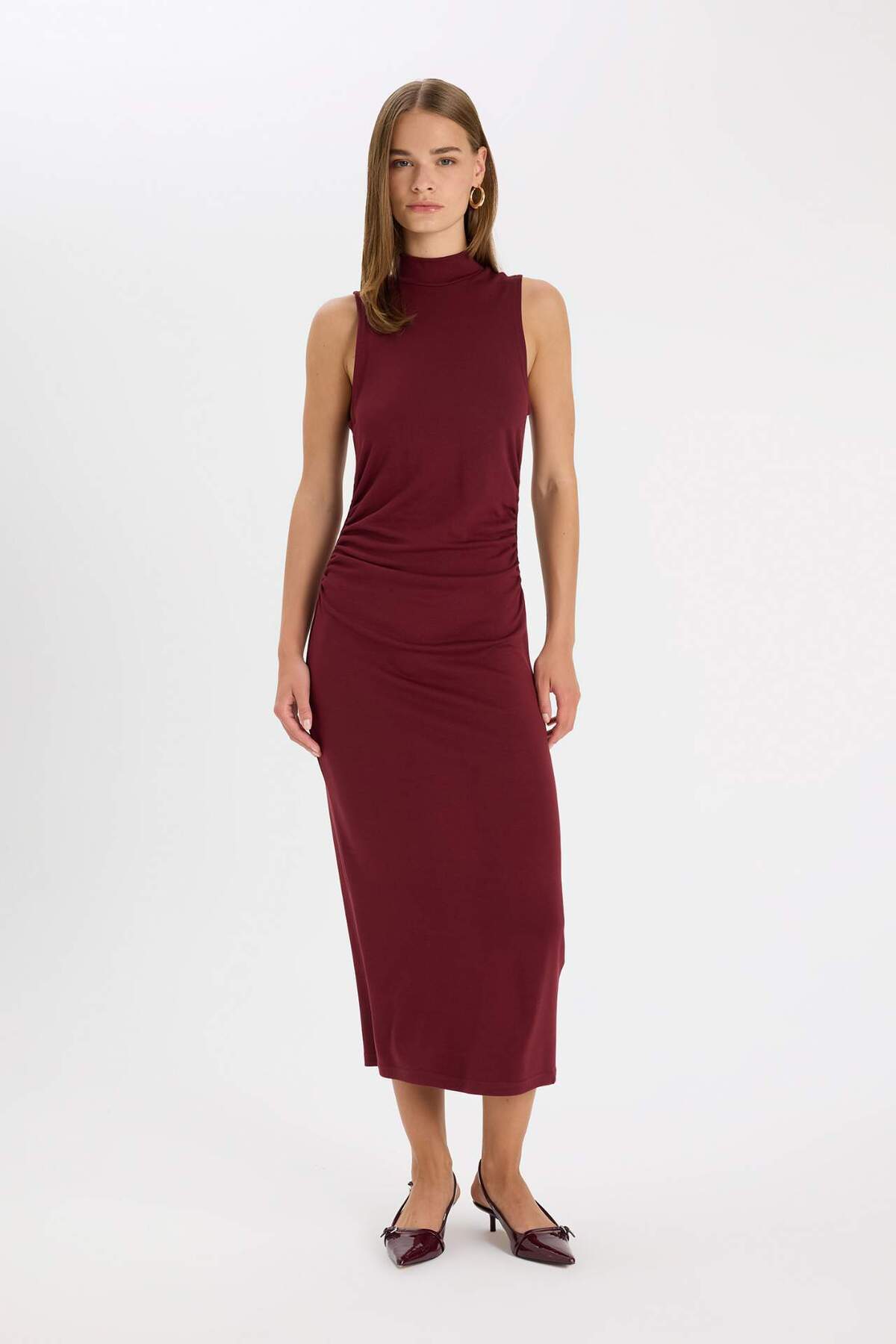 DeFacto-Bodycon Bodycon Basic Αμάνικο μάξι μπορντό φόρεμα με μισό ζιβάγκο D5067AX24AU 2