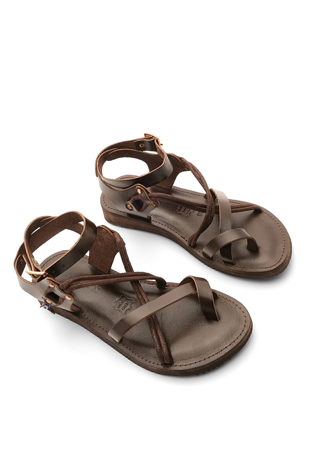 Marjin-Damen Echtleder Accessoire Eva Sohle Flip Flop Kreuz Seil Detaillierte Täglichen Sandalen Rivade Braun 5