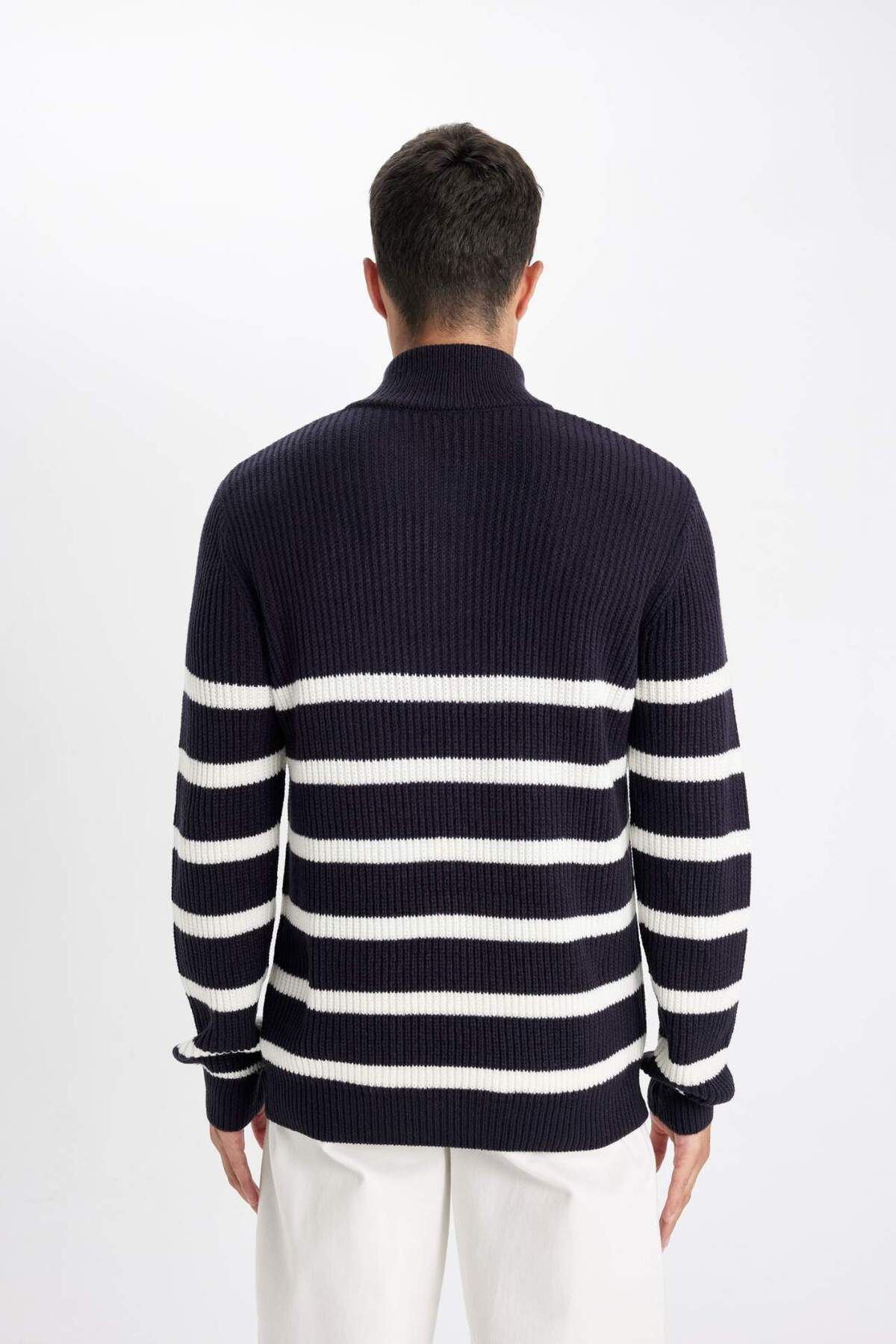 DeFacto-Standard Fit Stand Collar Half Zipper Striped Knitwear Sweater D3274Ax24Wn 6