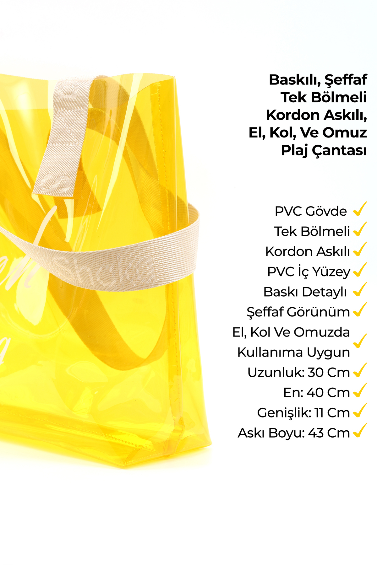 SHAKA Sarı SHK241 Hologram Baskılı PVC Tek Bölmeli Plaj,Seyahat ve Piknik Çantası görsel 7