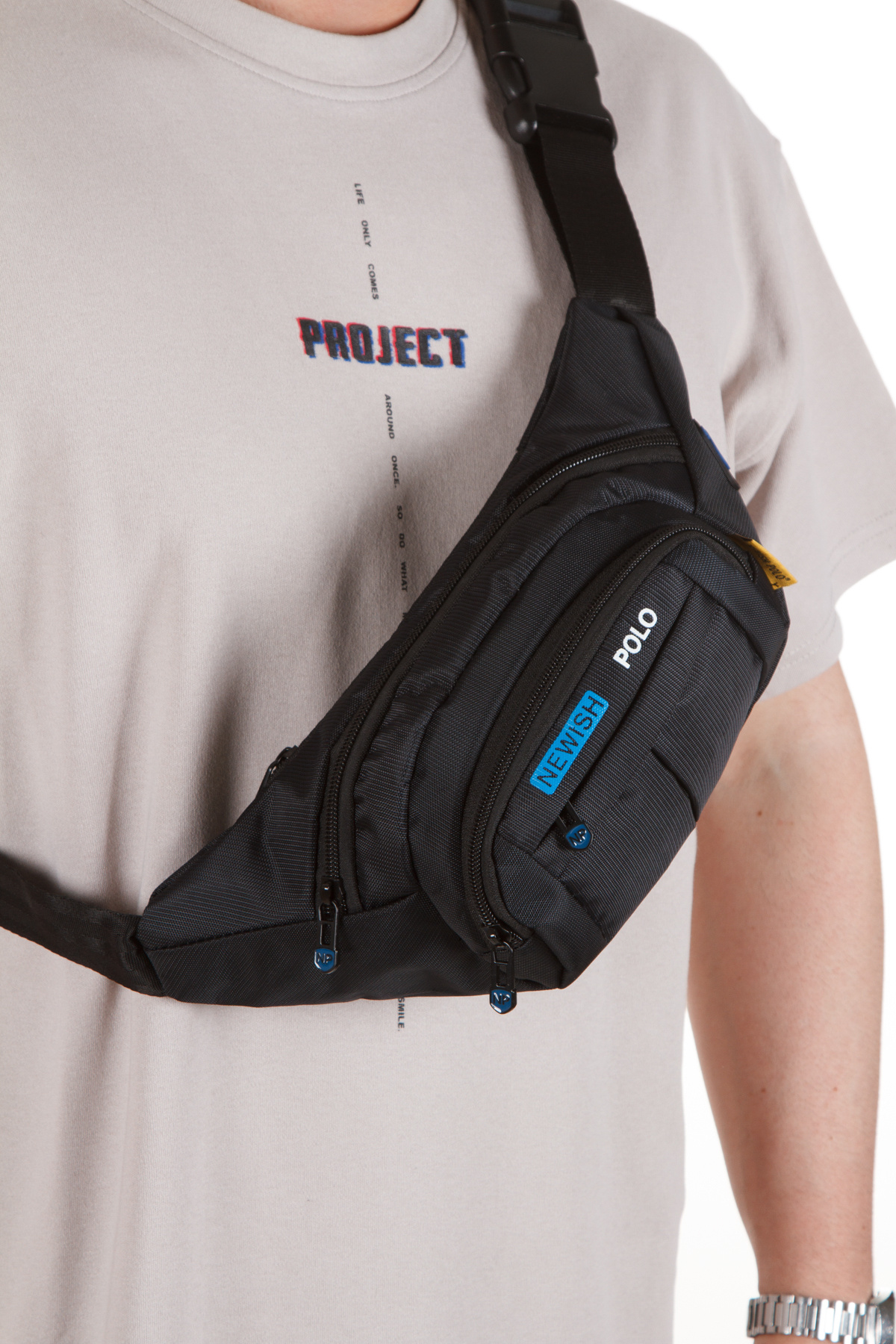 Newish Polo Erkek Kumaş USB Kulaklık Çıkışlı Crossbody Çapraz Göğüs Omuz ve Bel Çantası Siyah - Mavi