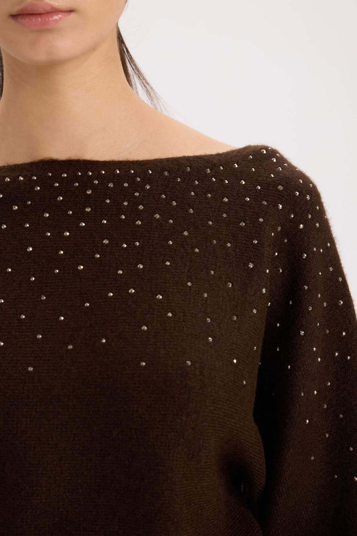 DeFacto-Basic-Strickpullover mit U-Boot-Ausschnitt und Steindetail – normale Passform E2286AX24WN 5