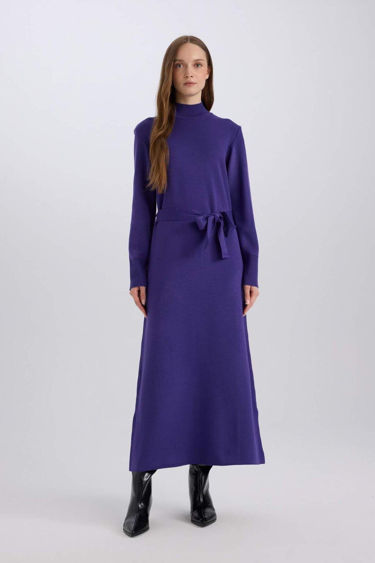 DeFacto-Langärmliges Maxi-Strickkleid mit Rollkragen – Bindedetail, normale Passform D9000AX24WN 4