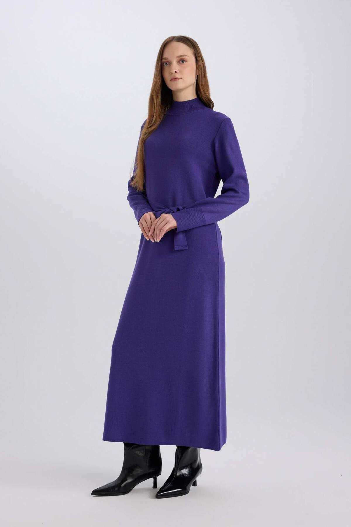 DeFacto-Langärmliges Maxi-Strickkleid mit Rollkragen – Bindedetail, normale Passform D9000AX24WN 6