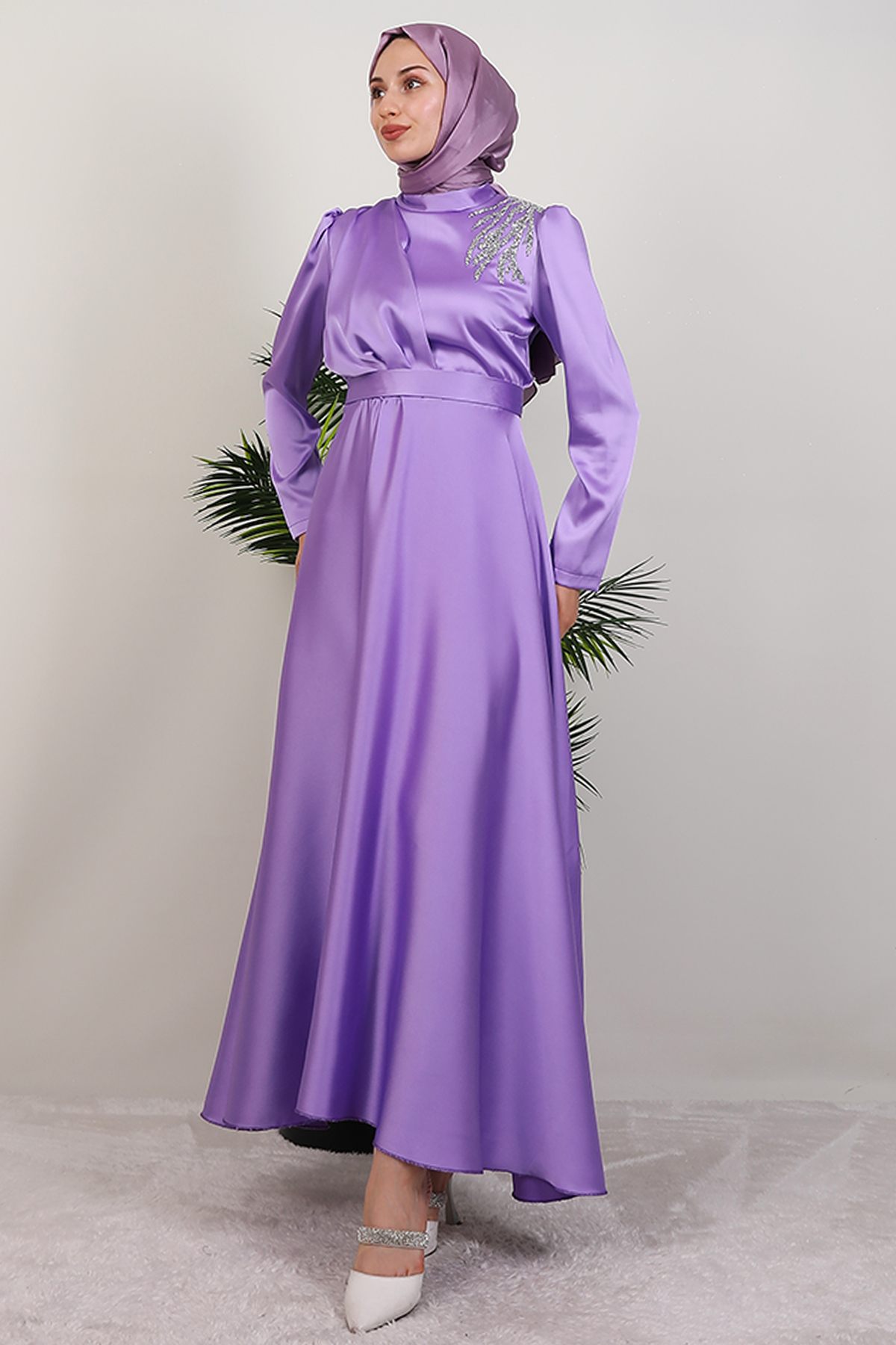 Satin Evening Dress with Shoulder Gem Lilac